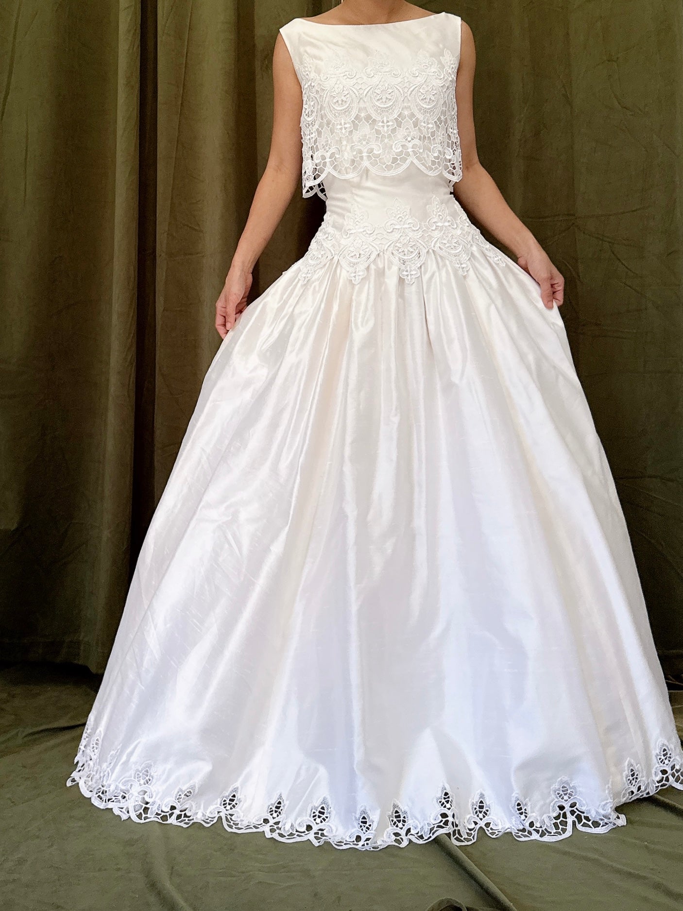 Vintage Raw Silk Embroidered Cutout Gown - S/4