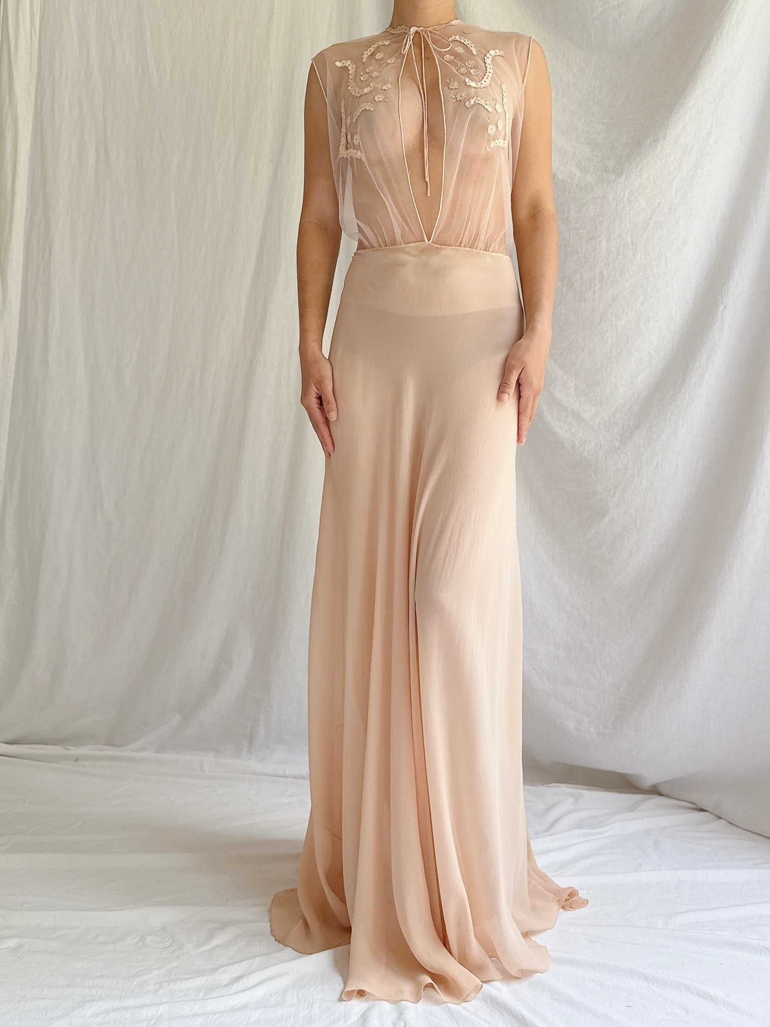 1930s Silk and Mesh Sheer Gown - S/M