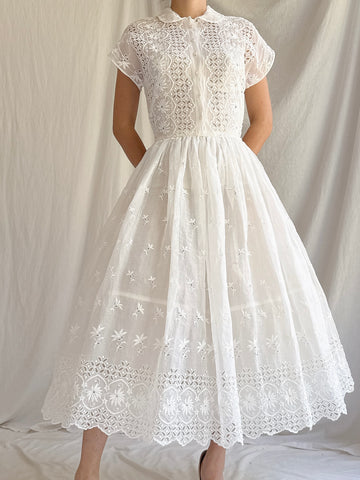 Vintage Embroidered Organdy Dress - XS