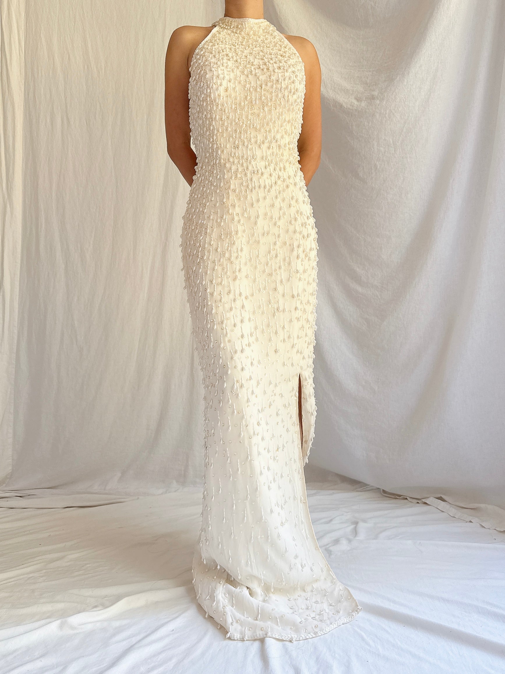 Vintage Halter Neck Silk Beaded Gown - M 8
