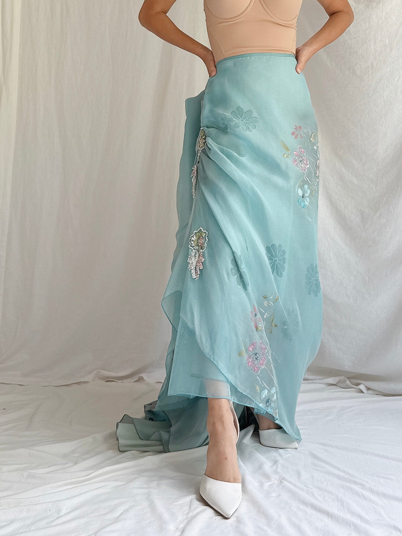 Vintage Painted Silk Organza Skirt - L