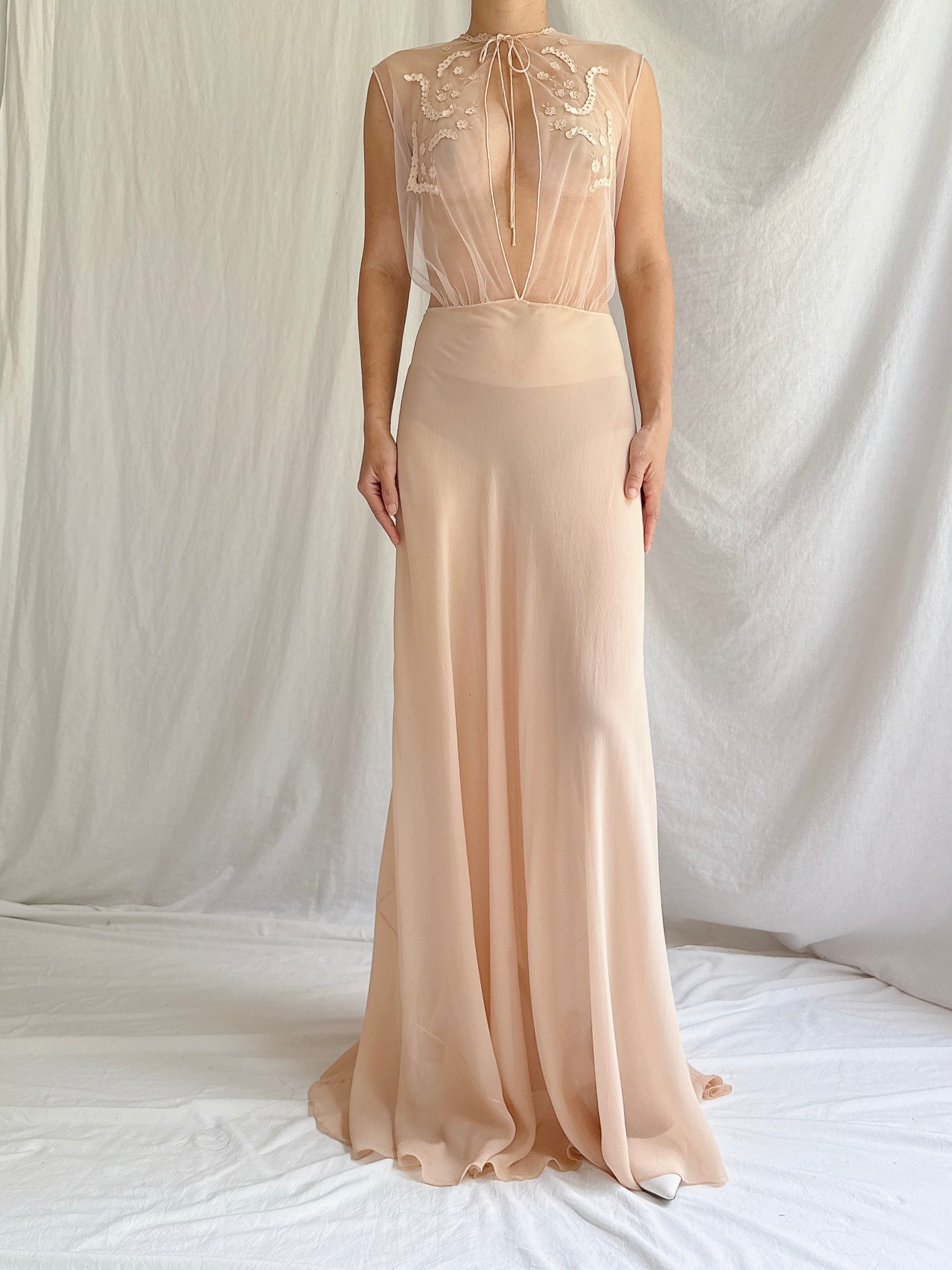 1930s Silk and Mesh Sheer Gown - S/M