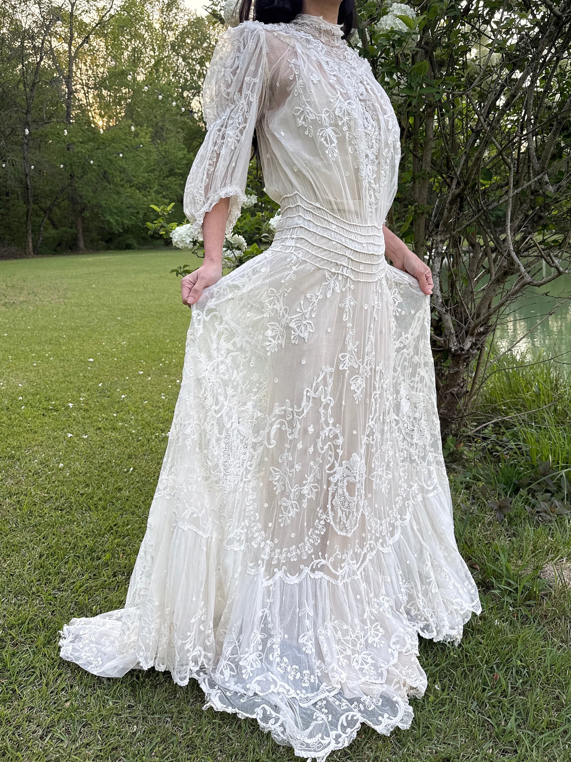 Rare Antique Tambour Lace Gown - S