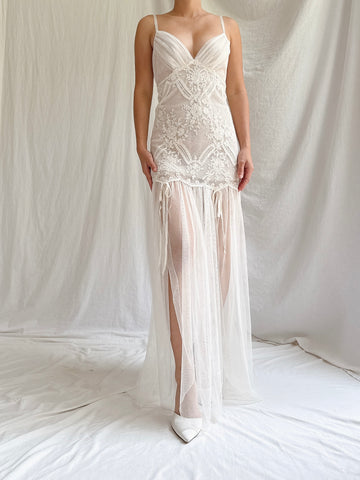 Vintage Tulle Embroidered Lace Slip Dress - S-M