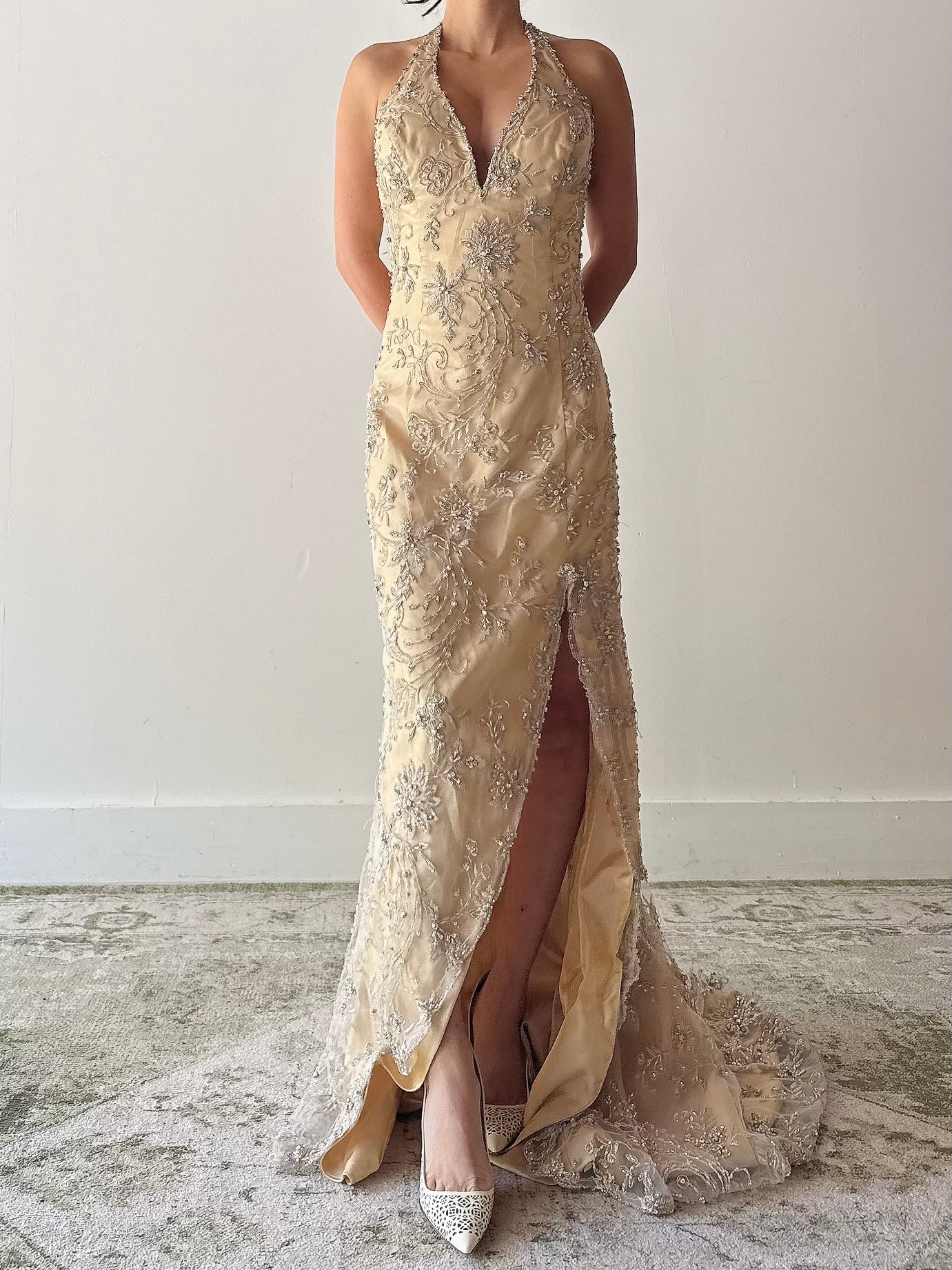 Vintage Gold Beaded Lace Halter Dress - Size 10