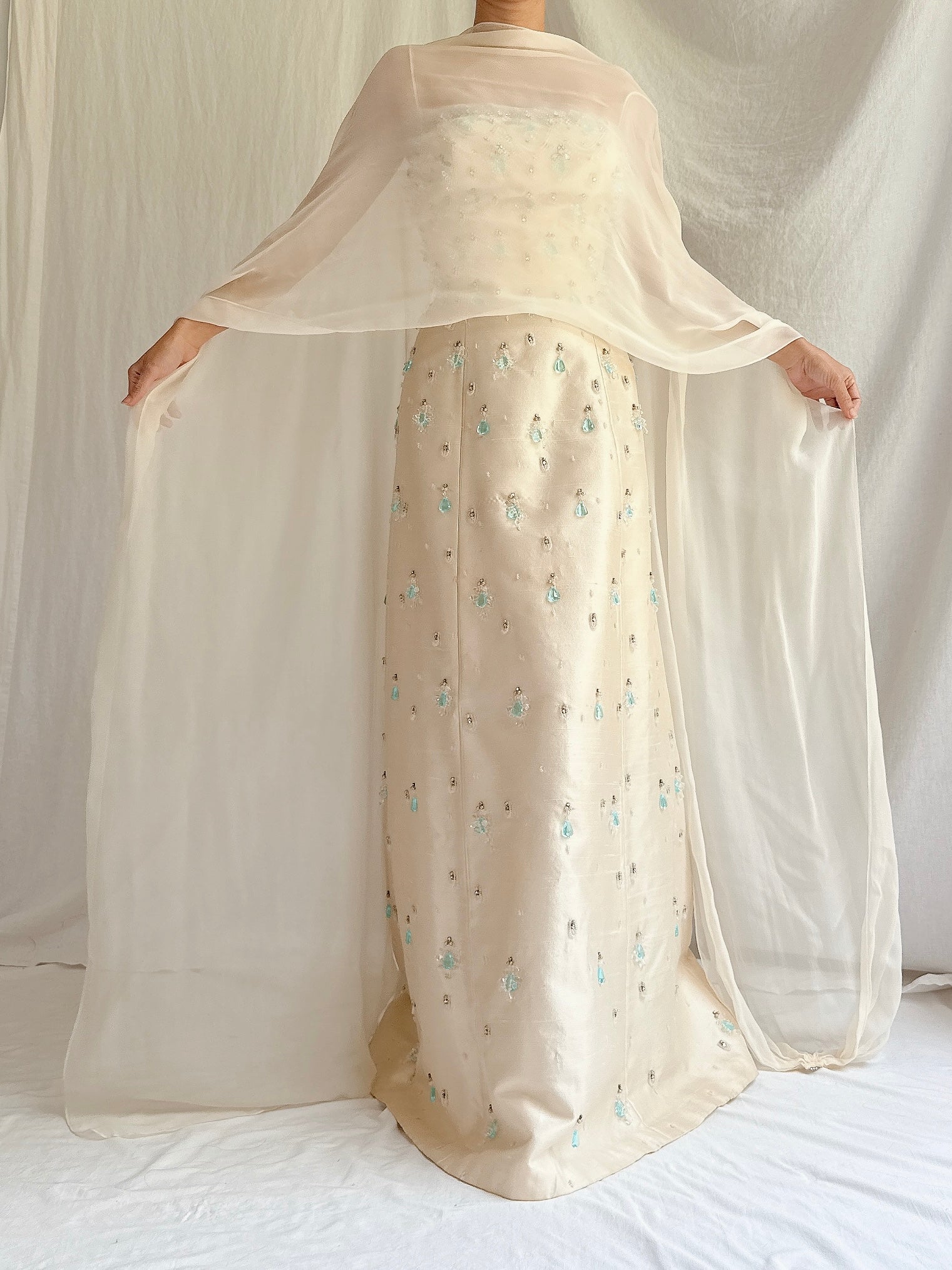 1960s Raw Silk Crystal Gown with Silk Shawl- S/4