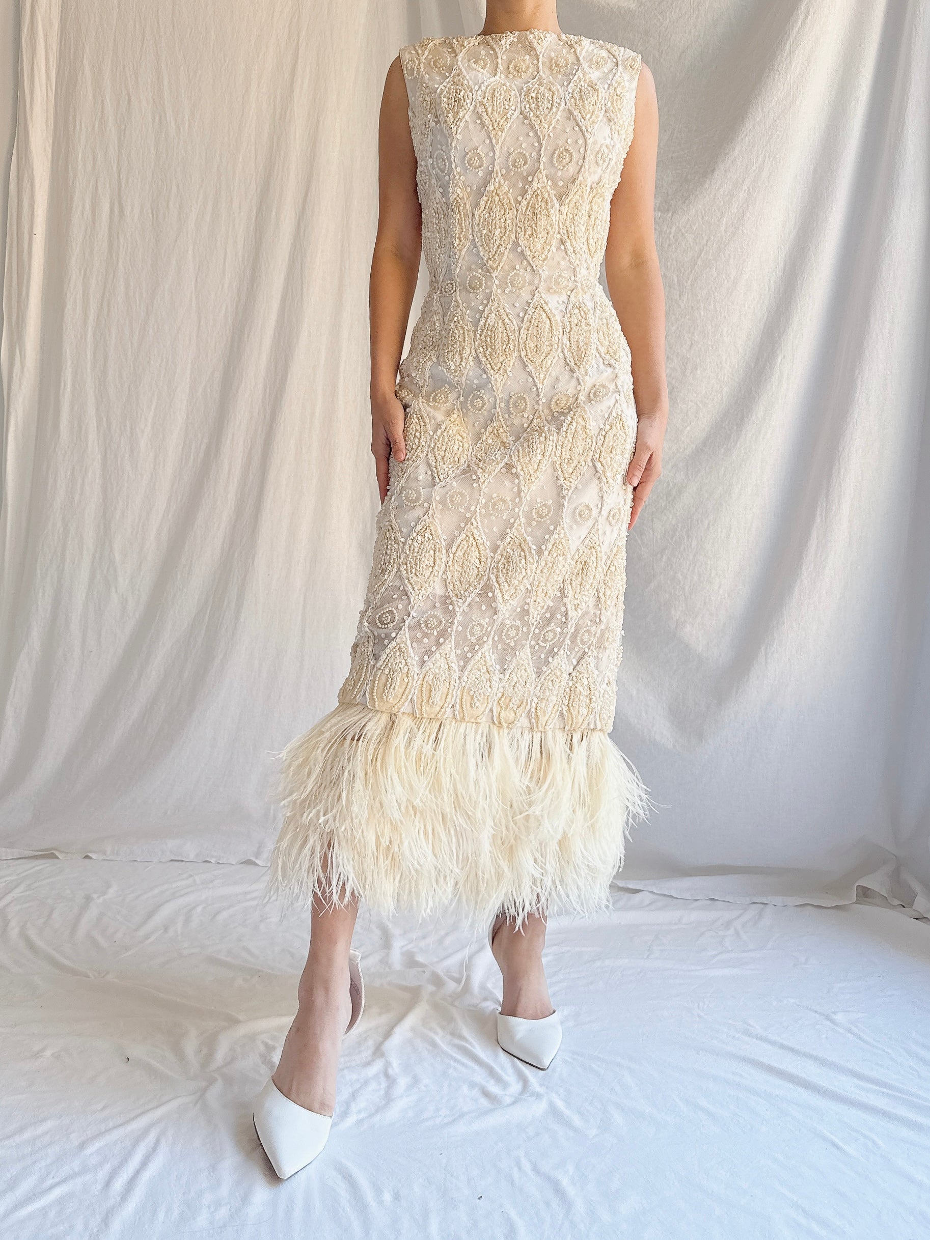 1960s Tulle Beaded Gown with Feather Embellishment - S 4-6