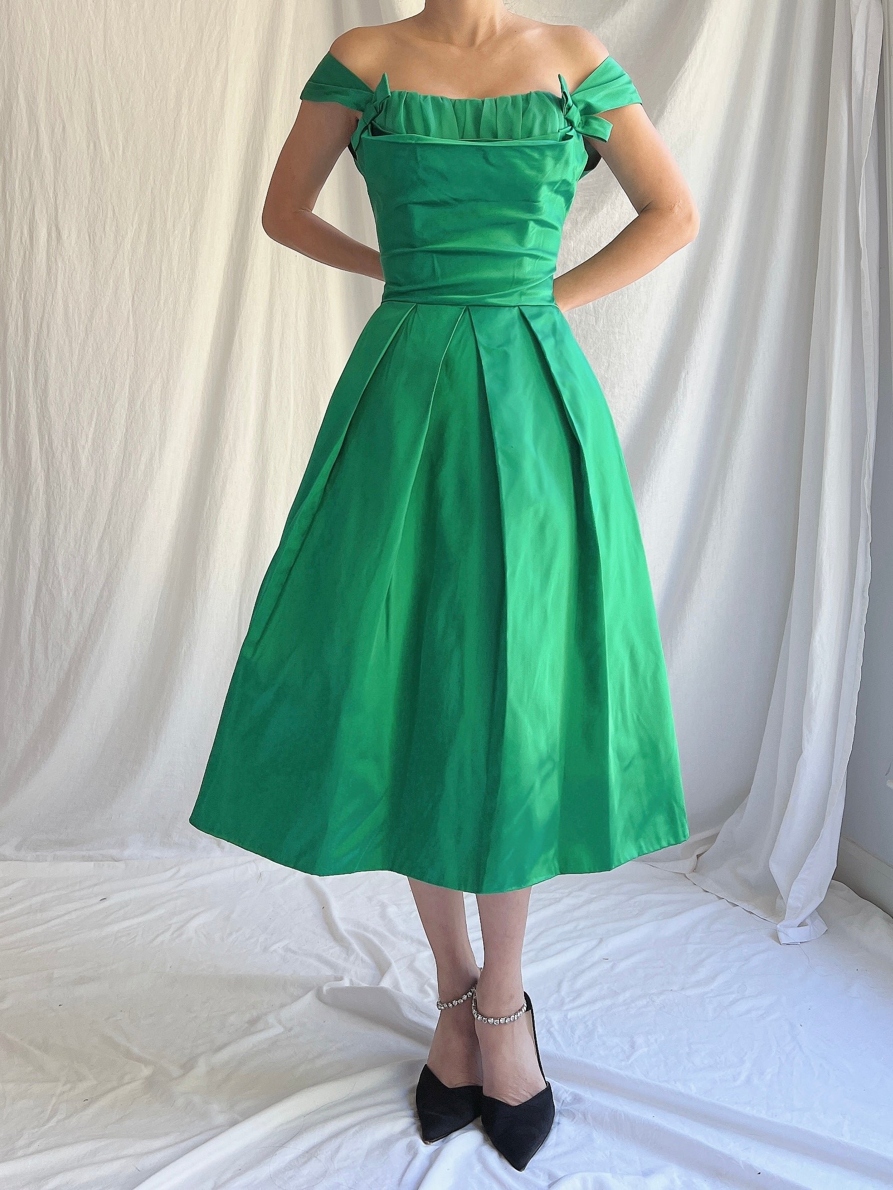 1950s Emerald Satin Dress - XS