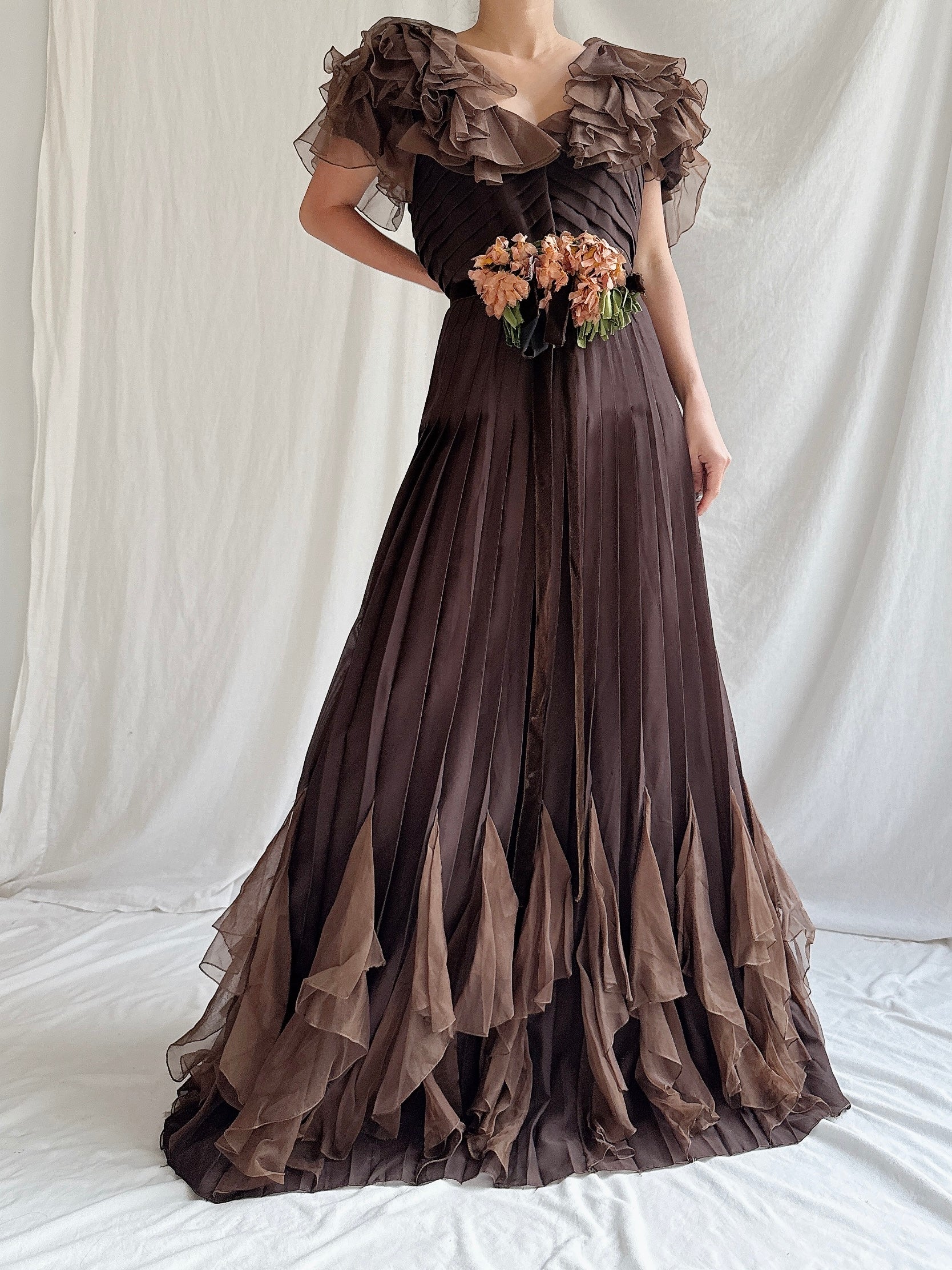 1930s Silk Chiffon and Organza Gown - S