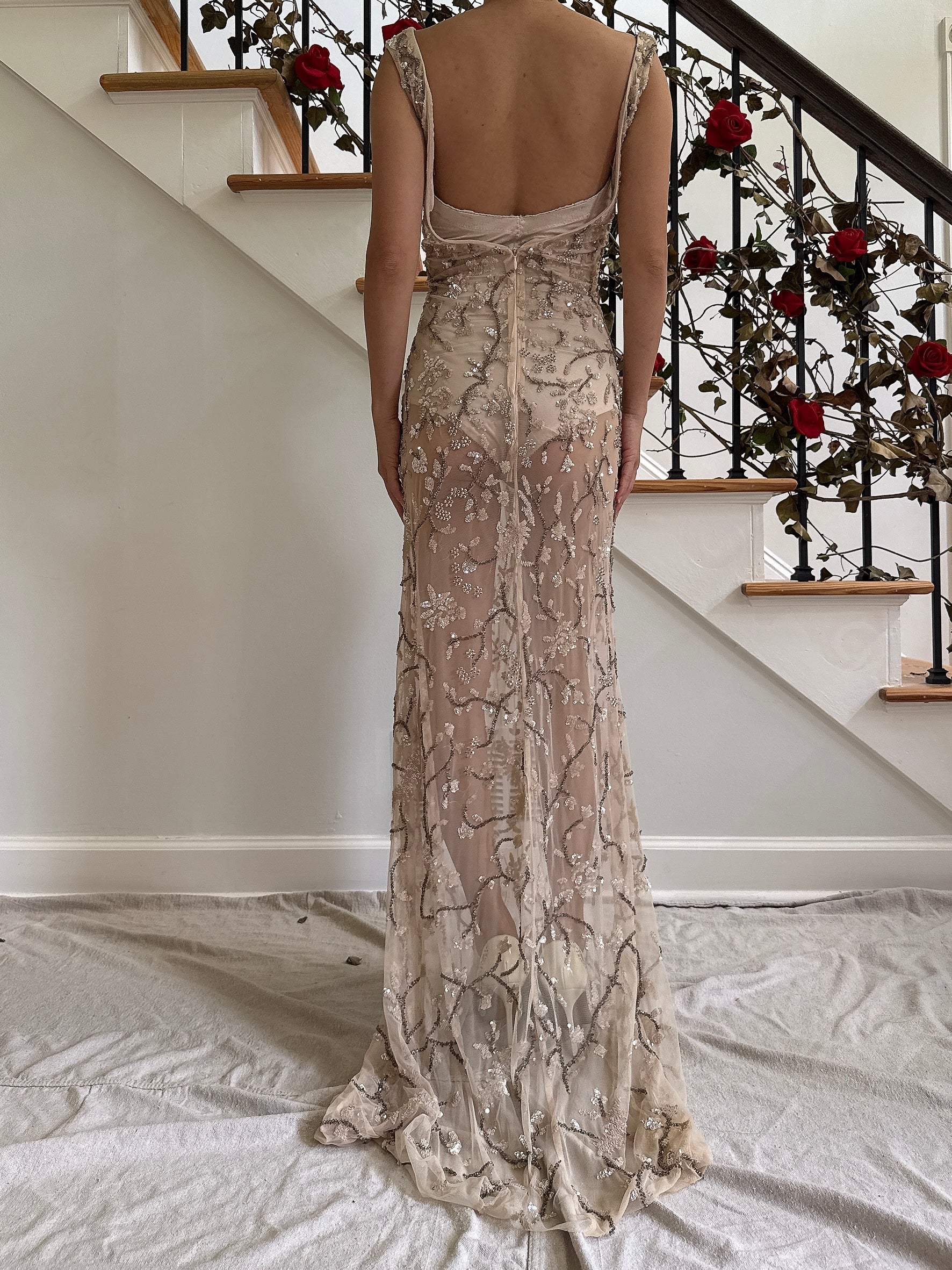 Vintage Nude Sheer Beaded Dress - L
