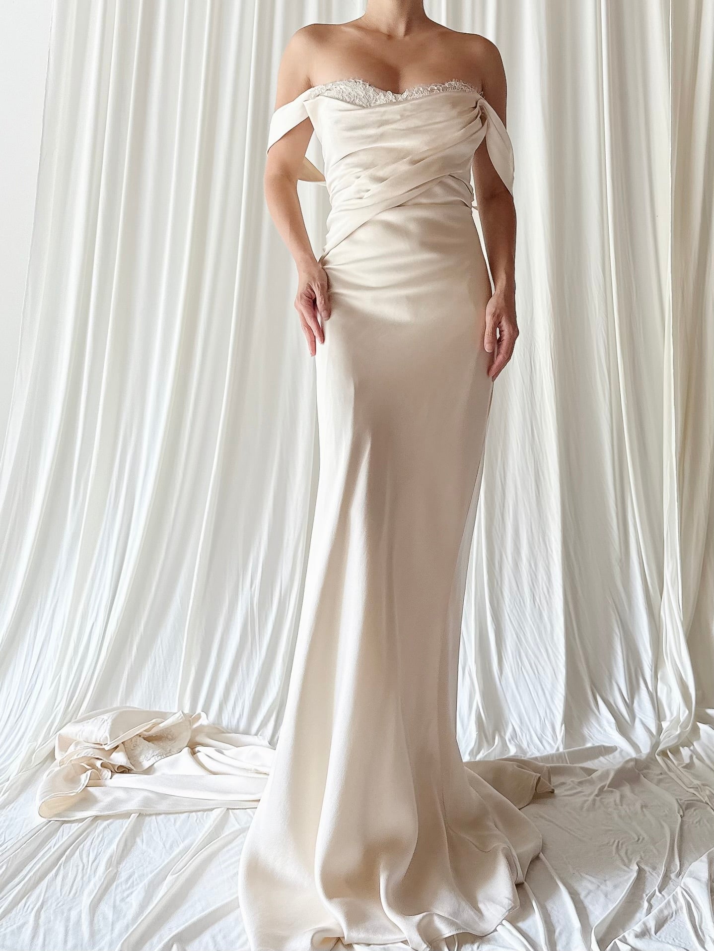 Vintage Silk Draped Bias Cut Gown with Detachable Train - M
