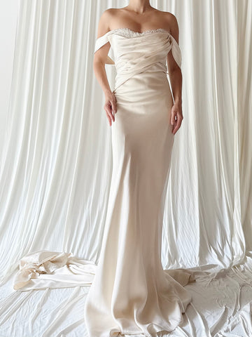 Vintage Silk Draped Bias Cut Gown with Detachable Train - M