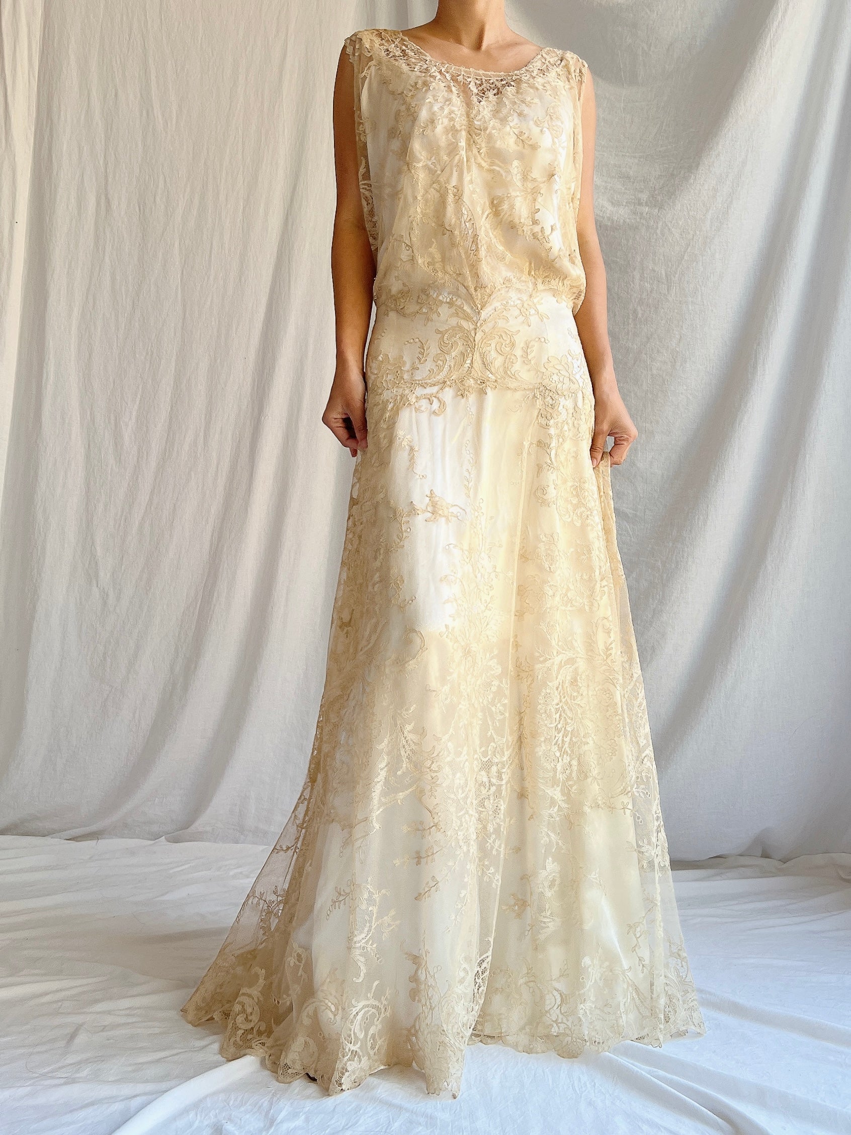 1930s Ecru Lace Gown with Slip - M