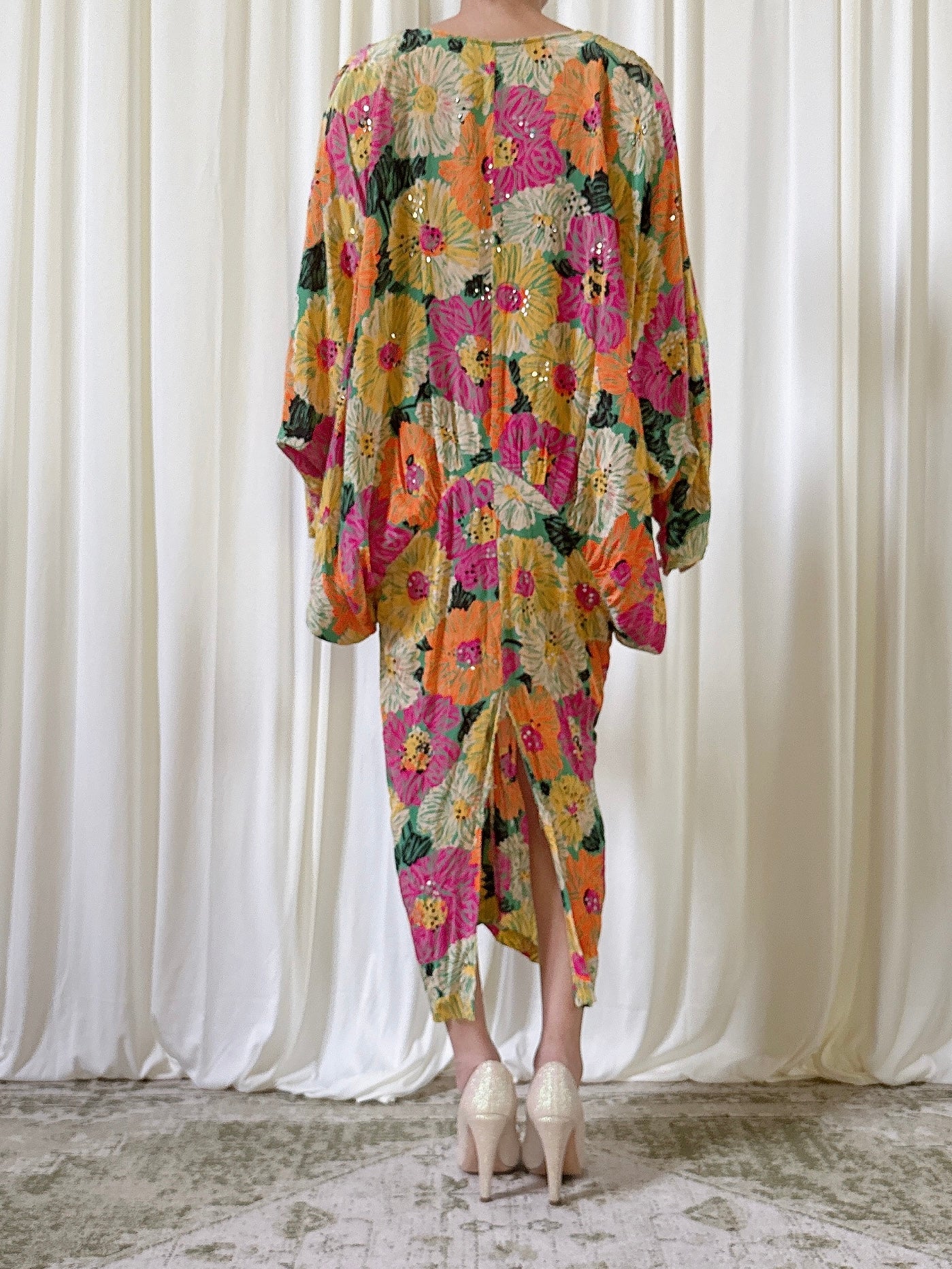 1980s Silk Floral Dress - M