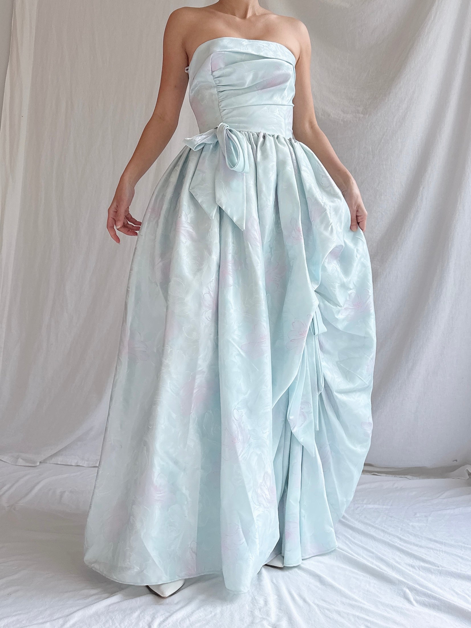 Vintage Blue Satin Floral Dress - XXS/0