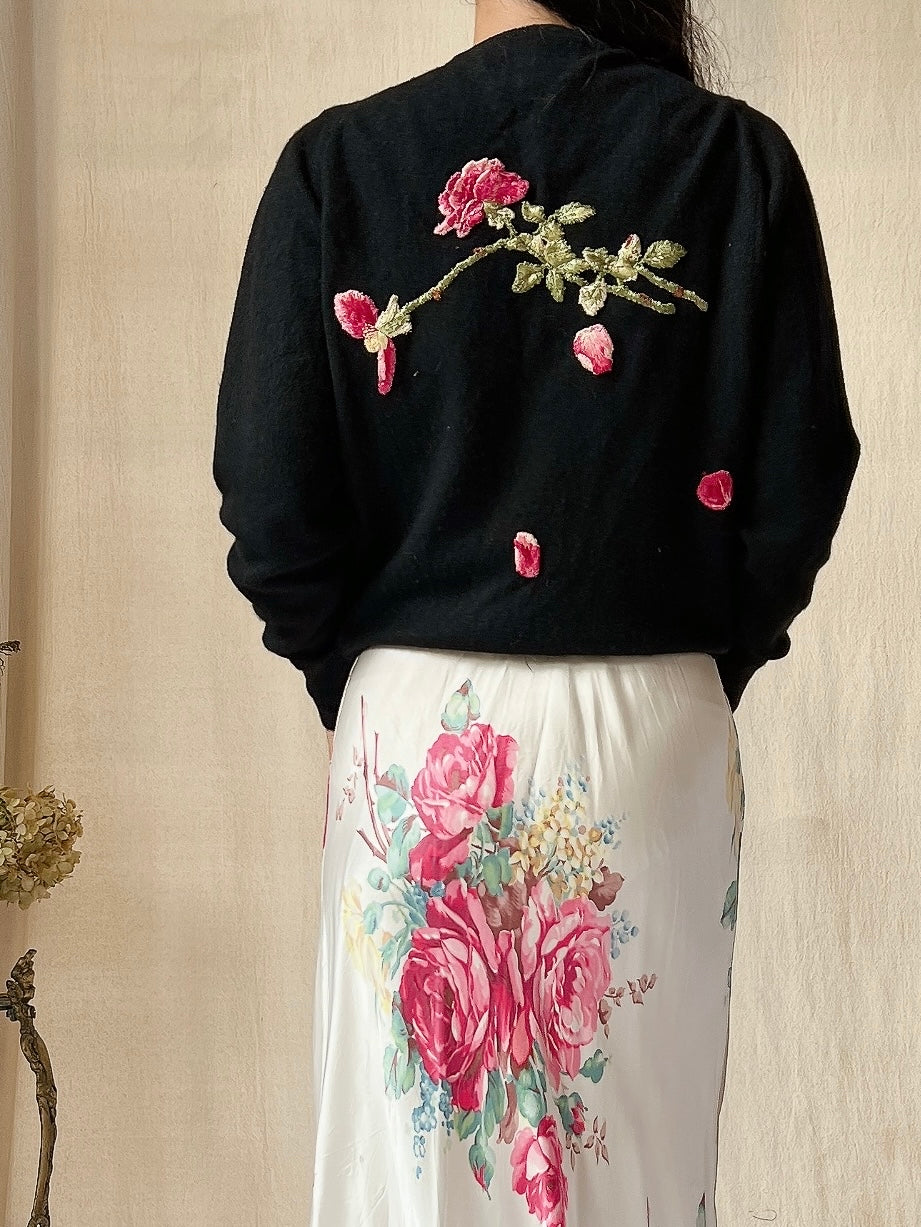 1950s Embroidered Rose Cardigan - XS/S