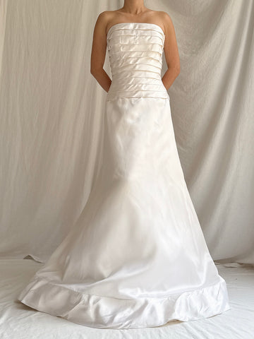 Vintage Silk Pleated Strapless Dress - M