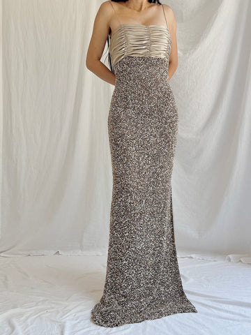 Y2K Taupe/Chocolate Beaded Silk Gown - M