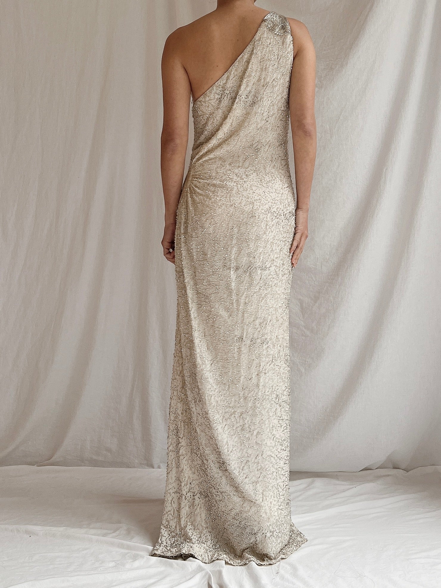 Vintage Silk One Shoulder Beaded Gown - M 6/8