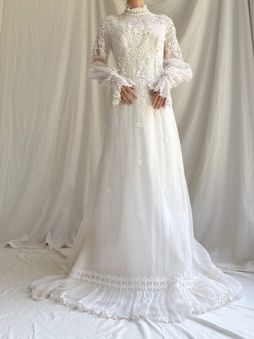 1970s Silk Organza Applique Gown - S