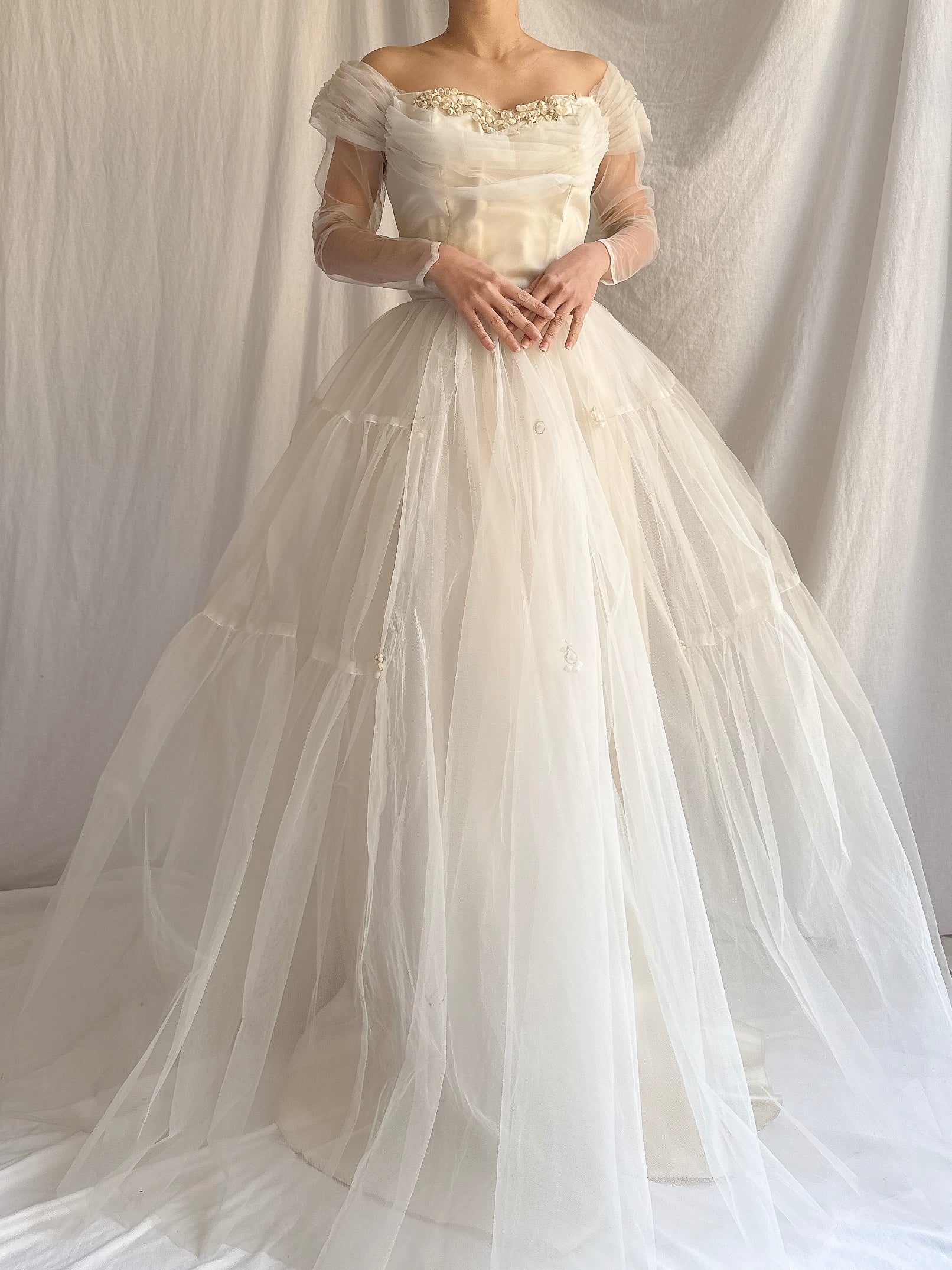 1950s Tulle Off-the-shoulder Gown - XS