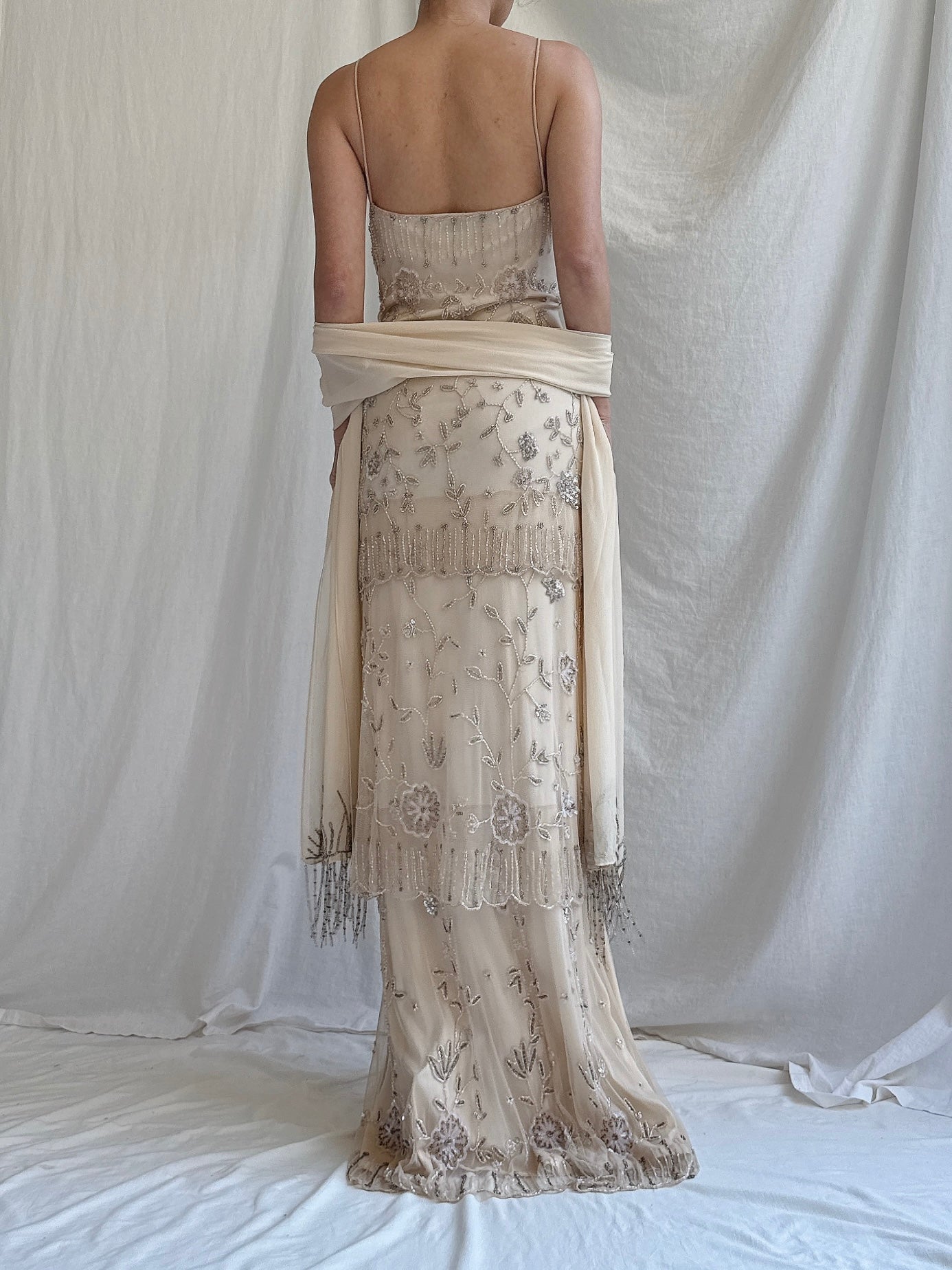 Vintage Ecru Tulle Beaded Tiered Column Gown with Silk Scarf - L