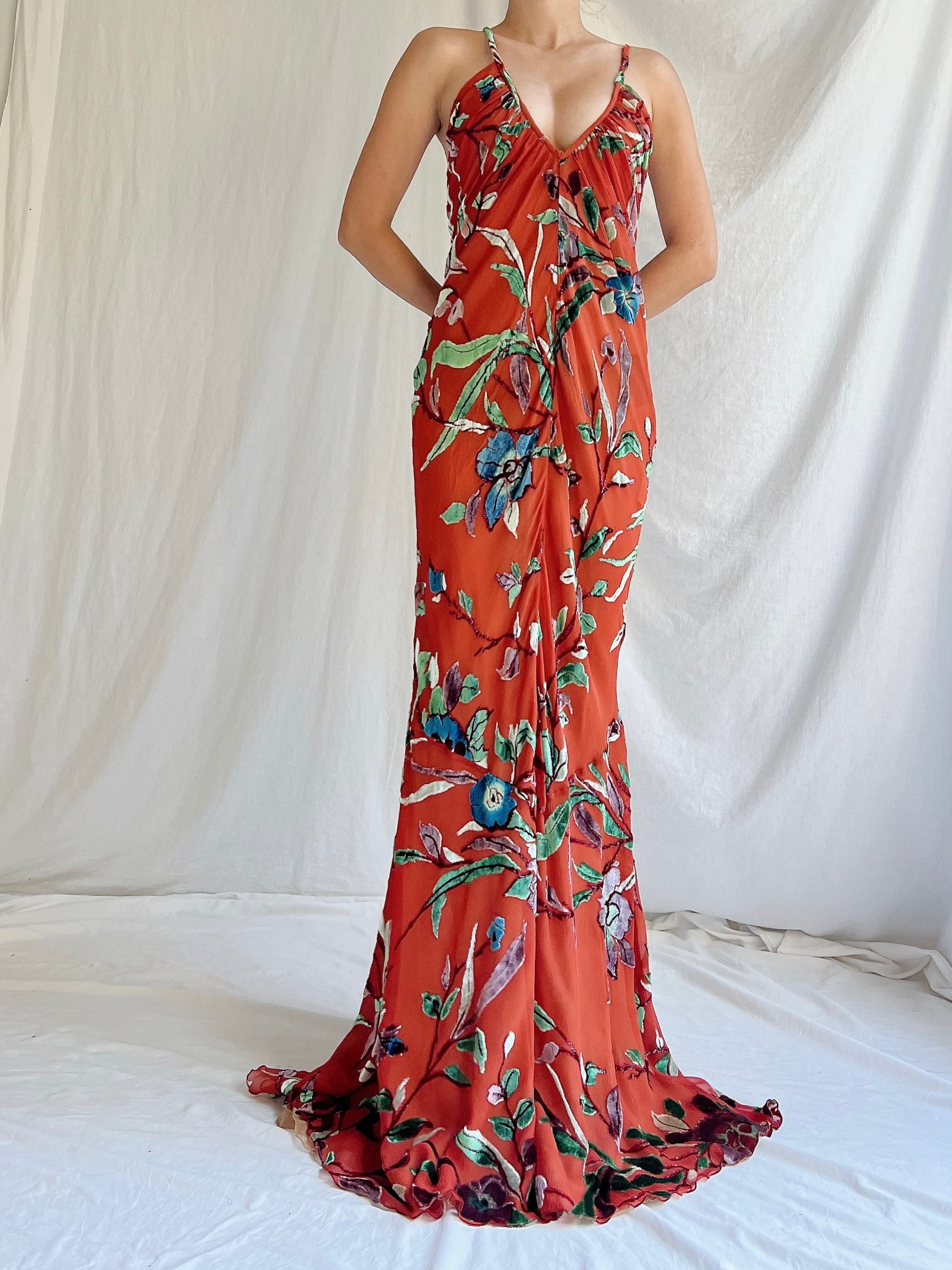 Vintage Silk Halter Velvet Devore Gown - M/L