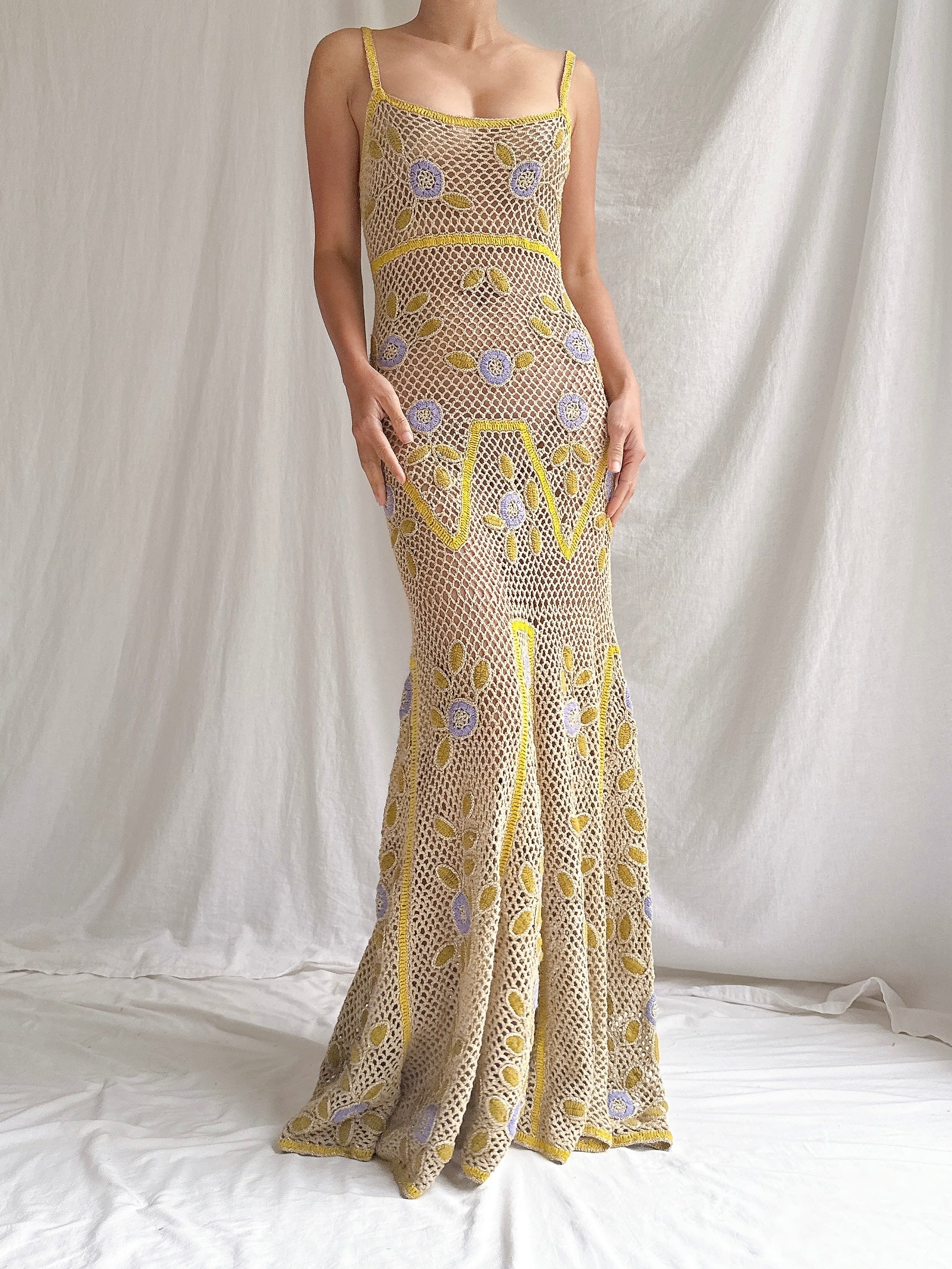 Vintage Chartreuse/Moss Crochet Dress - S-M