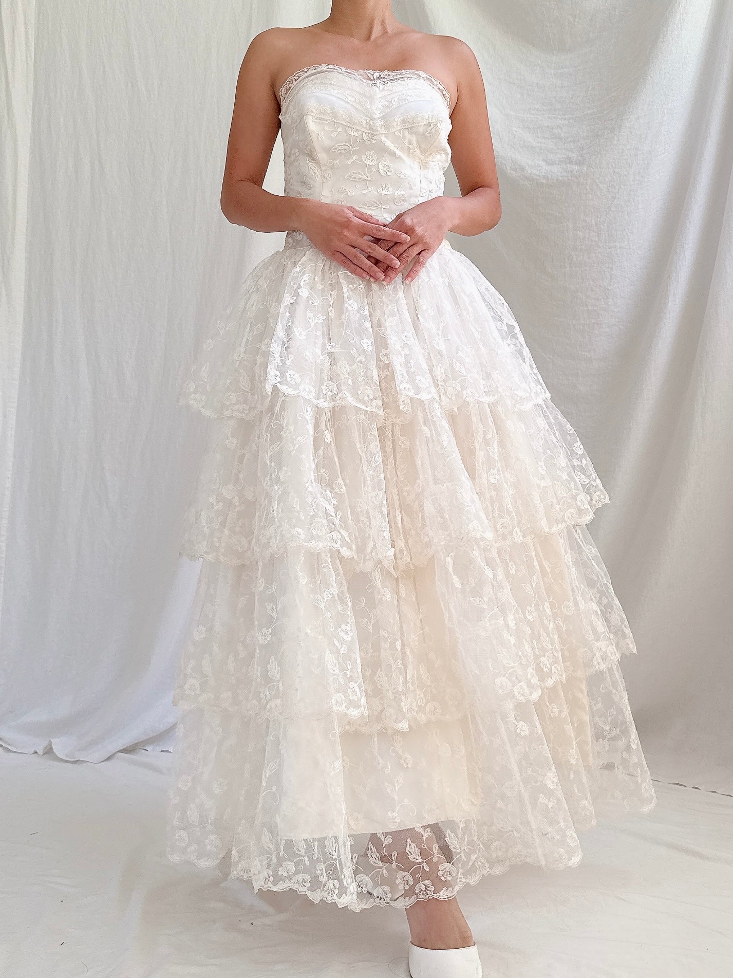 1950s Embroidered Tulle Dress -XS