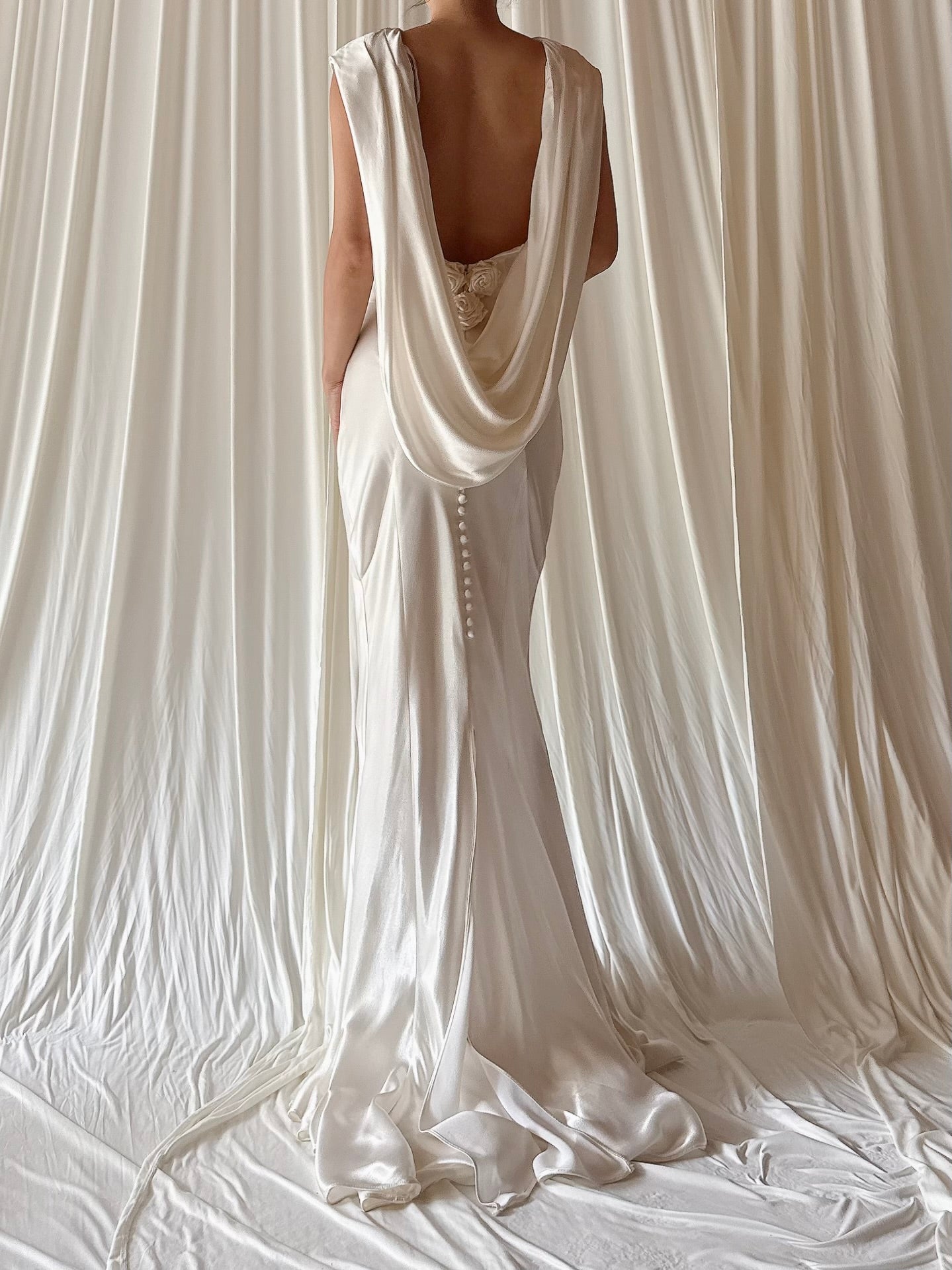 1990s Satin Bias Low Cut Back Gown - Size 4-8