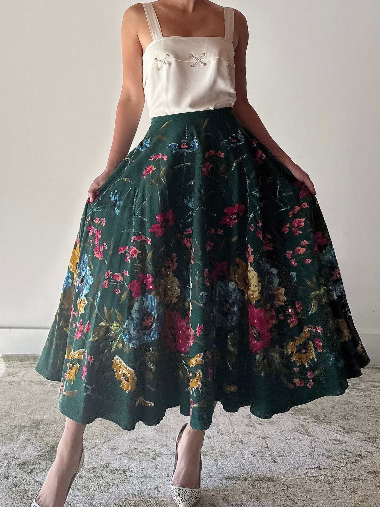 Vintage Monica Velvet Beaded Floral Skirt - M