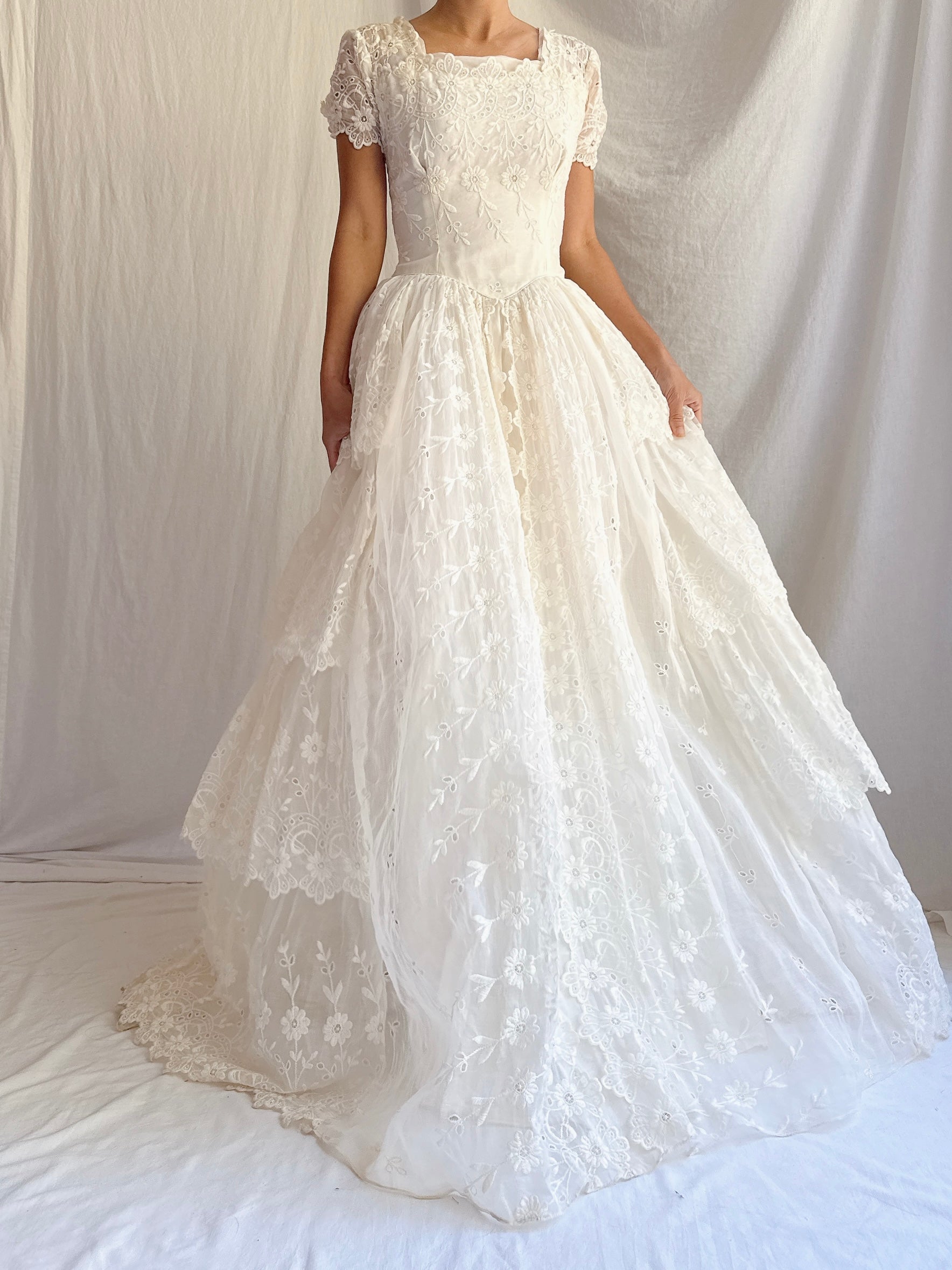 1950s Tiered Organdy Embroidered Gown - XS