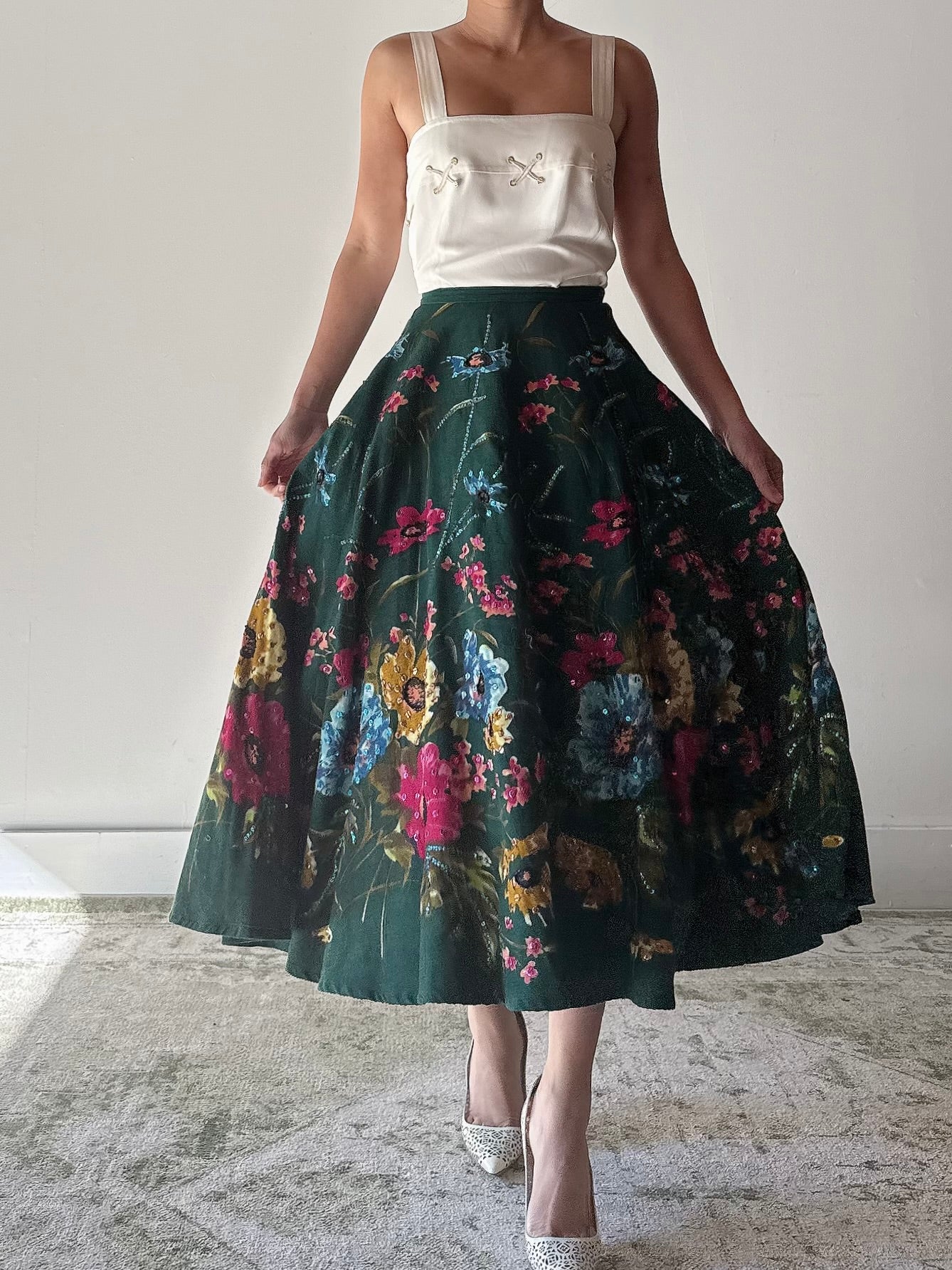Vintage Monica Velvet Beaded Floral Skirt - M