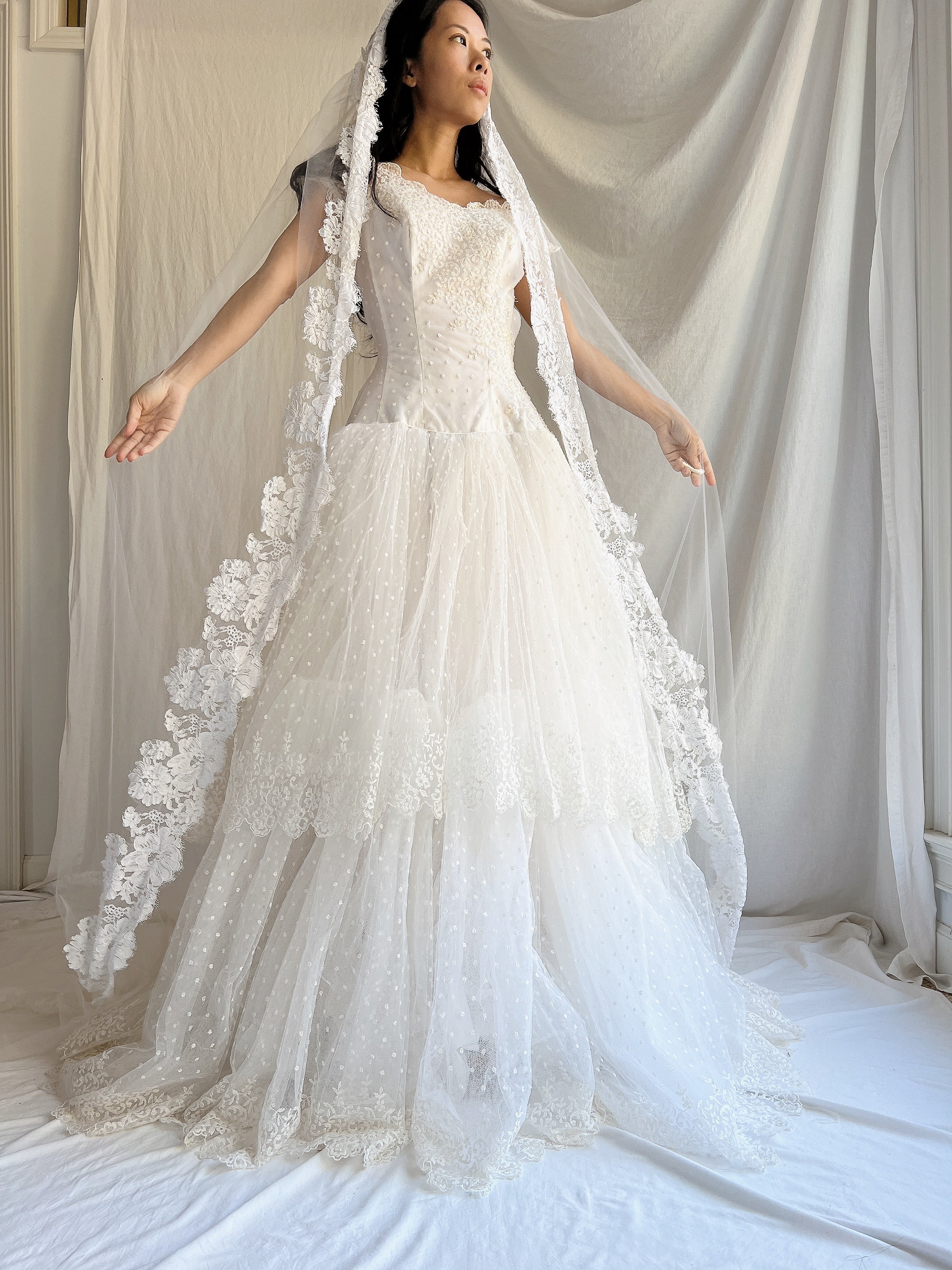 1950s Cathedral Alencon Double Tulle Veil