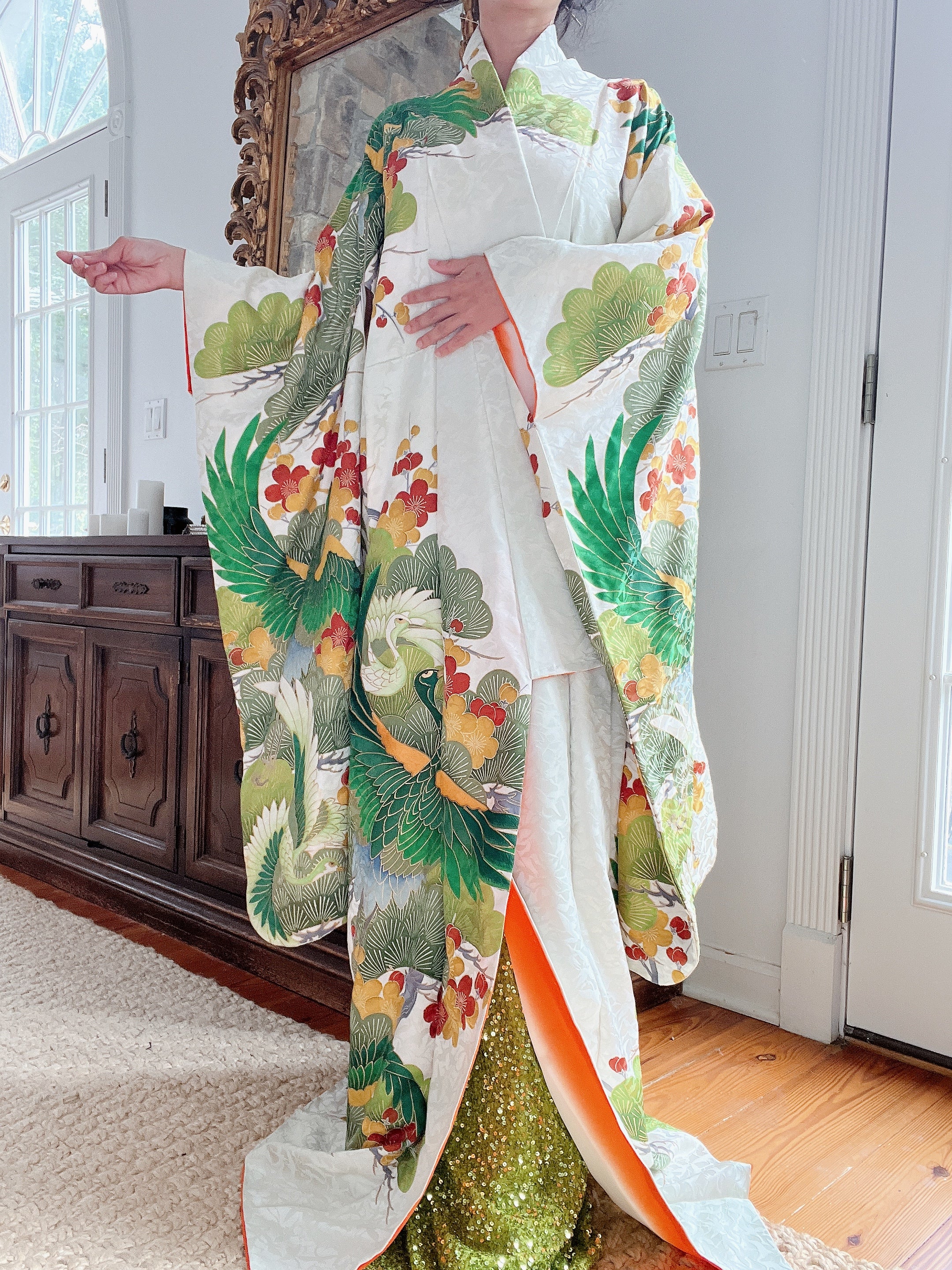 Vintage Green and Ivory Silk Kimono - OSFA