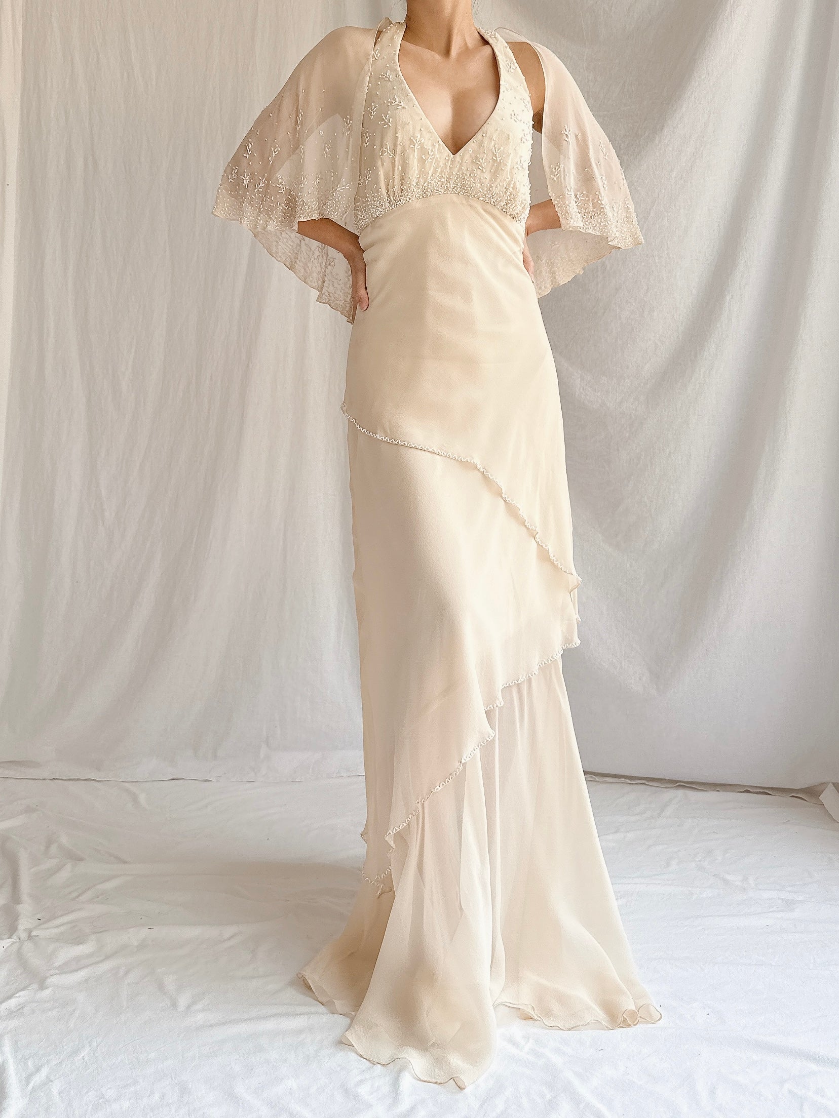 Vintage Almond Silk Cape Gown - M