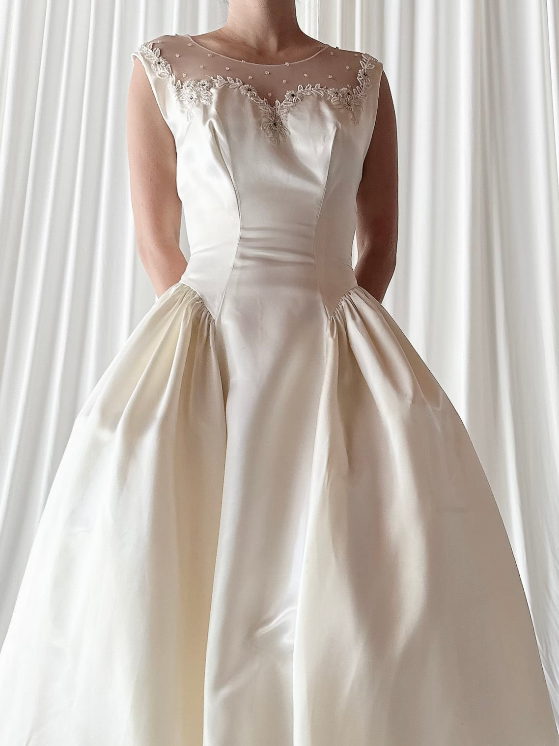 1940s Candlelight Satin Illusion Beaded Gown - S/4