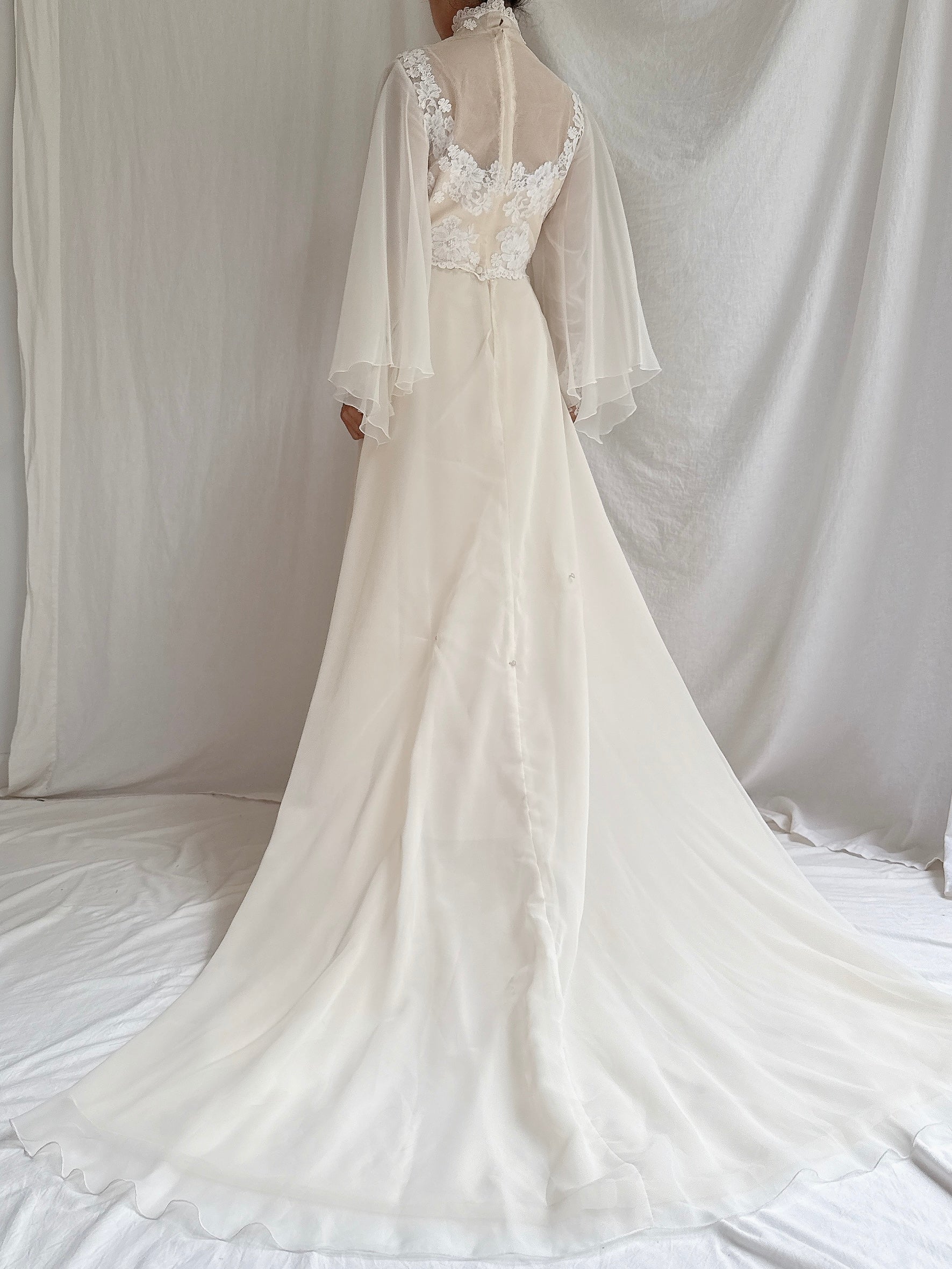 1970s Angel Sleeves Chiffon Gown - S
