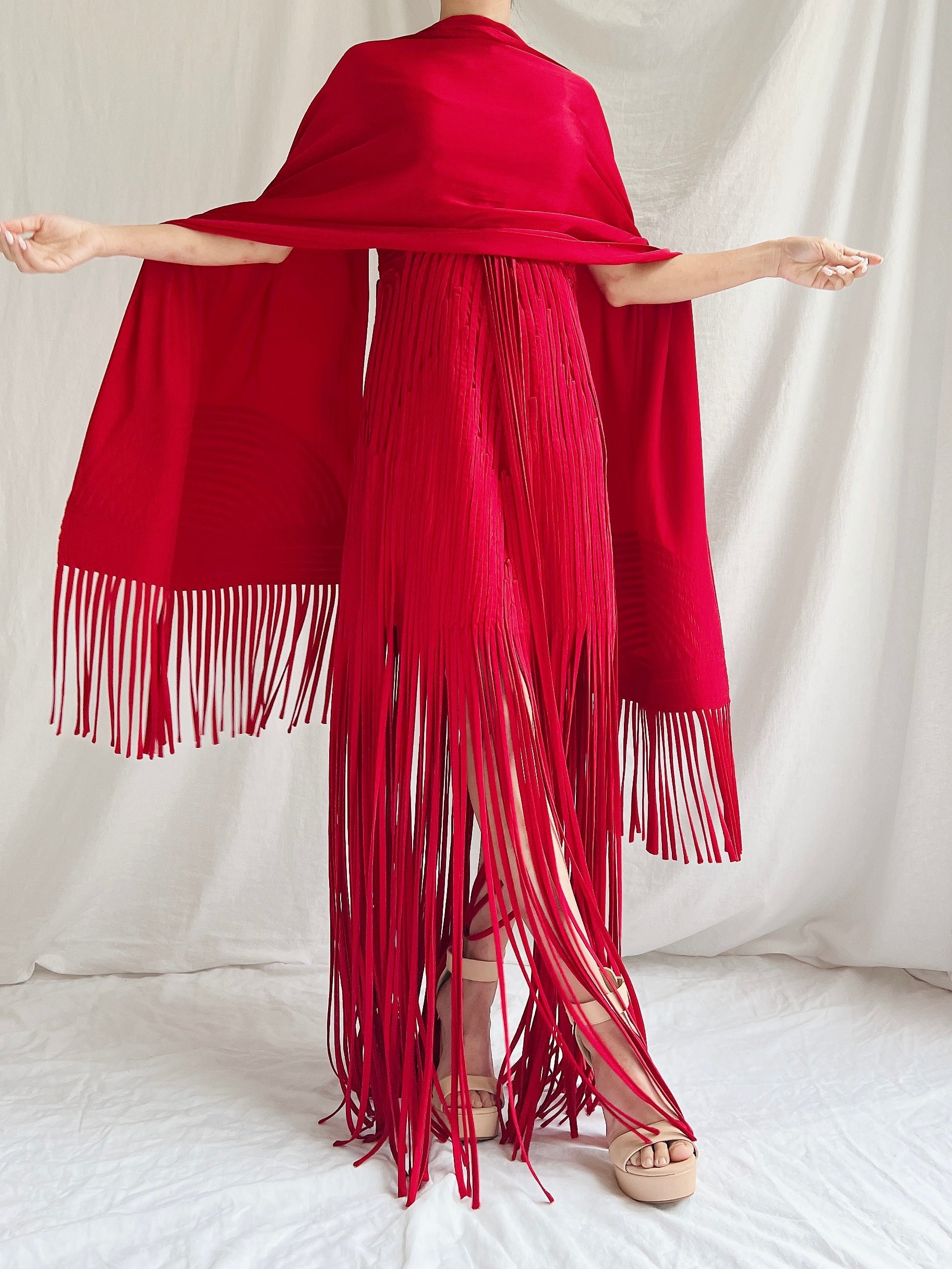 Vintage Sue Wong Silk Fringed Gown with Scarf - M | G O S S A M E R Vintage Sue Wong Silk Fringed Gown with Scarf - M | G O S S A M E R