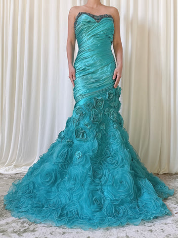 Vintage Turquoise Roses Dress - US 20