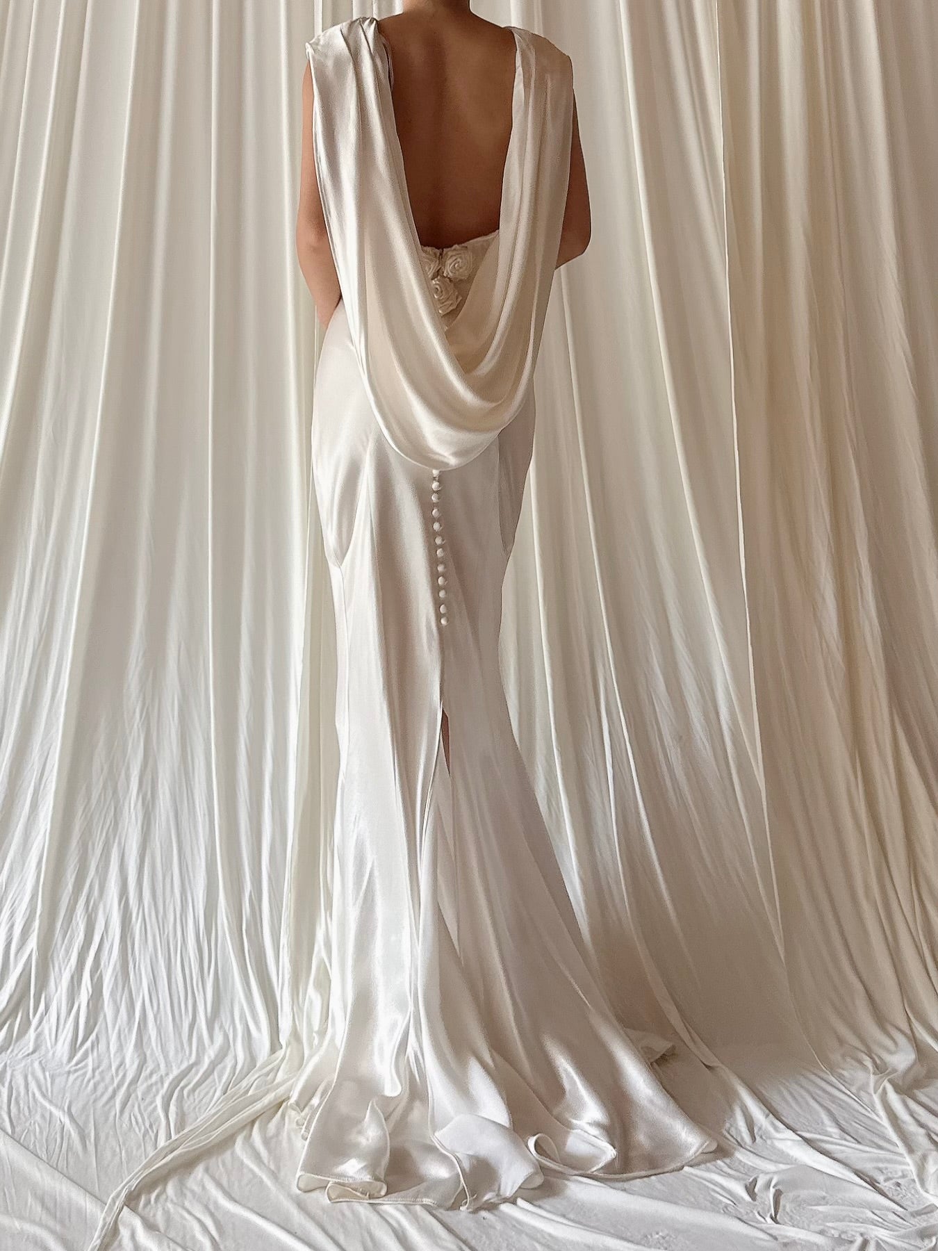 1990s Satin Bias Low Cut Back Gown - Size 4-8