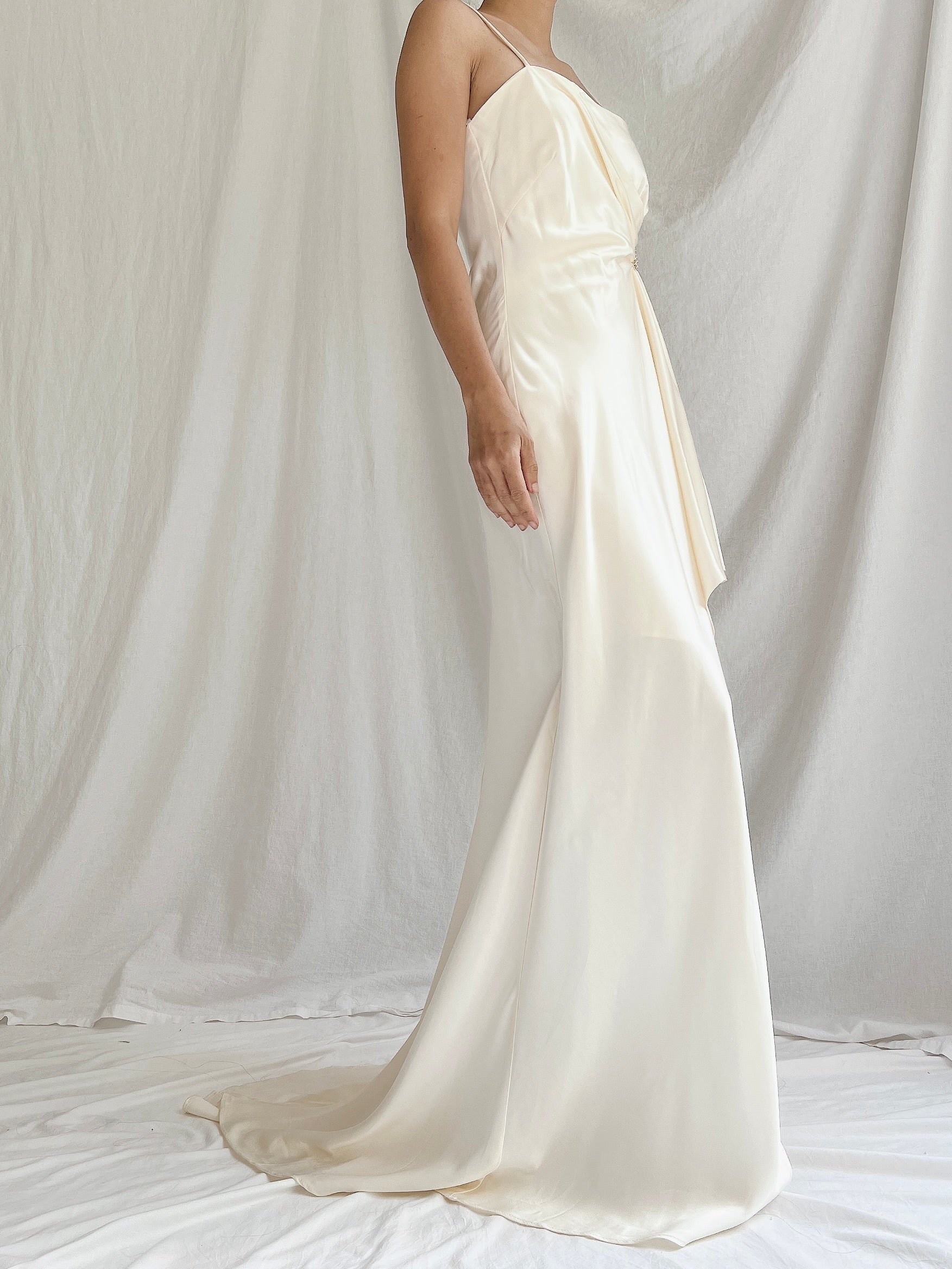 1990s Ivory Satin Draped Gown - XS