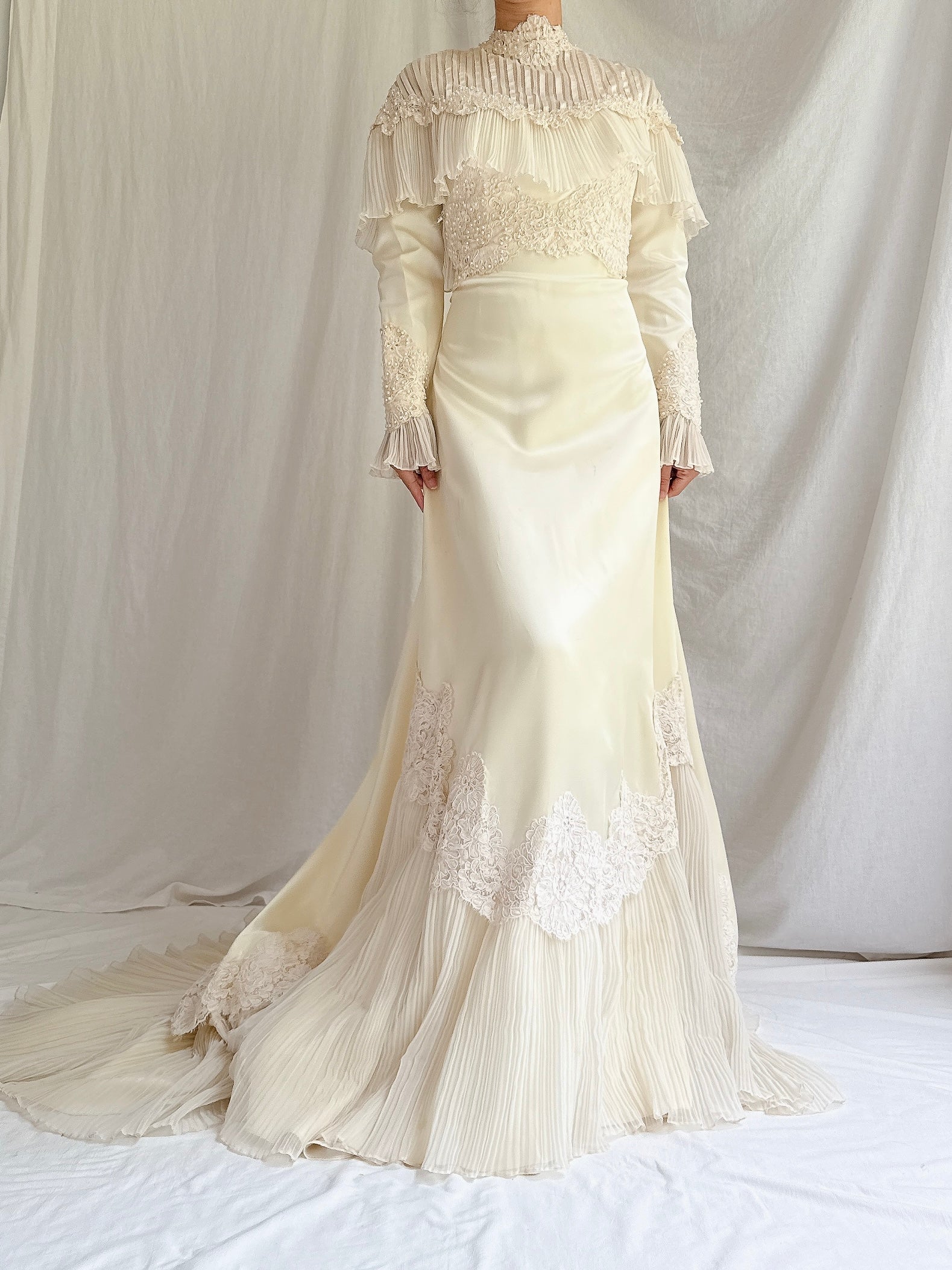 1970s Ivory Pleated Hem Satin Gown - S