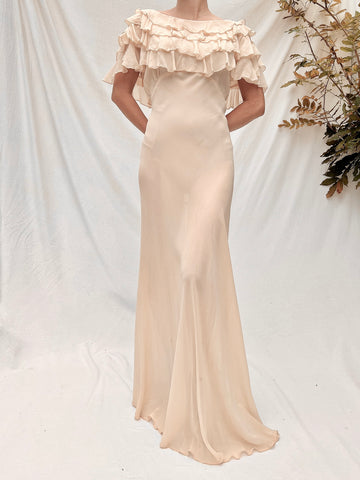 Vintage Eggshell Silk Ruffle Gown - S