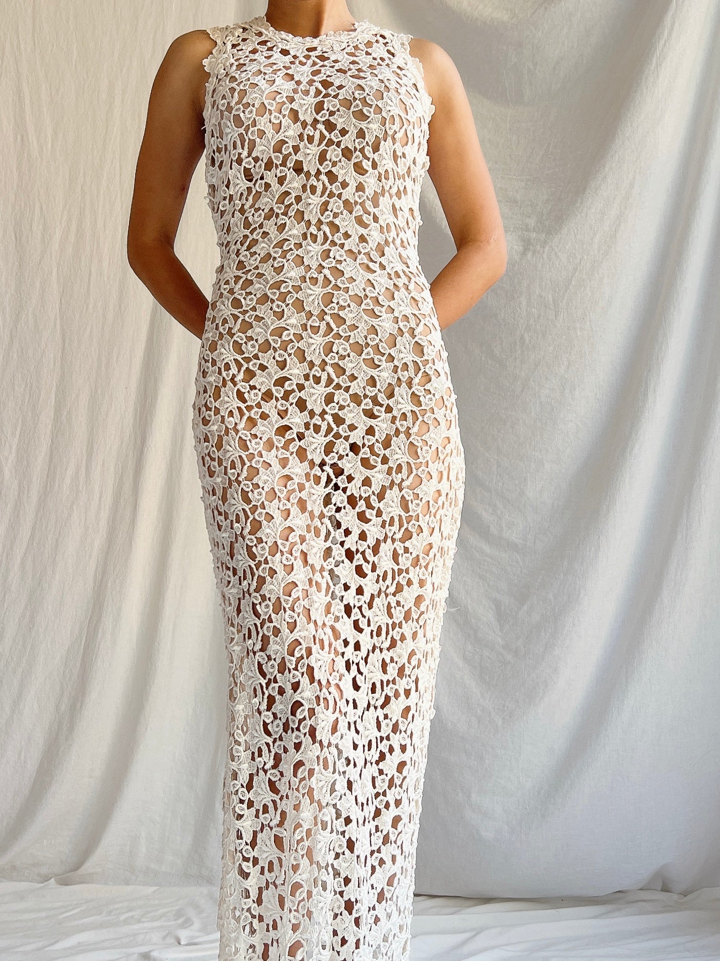 Vintage Bergdorf Goodman Corded Lace Column Gown - S-M