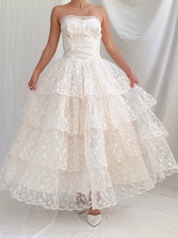 1950s Embroidered Tulle Dress -XS