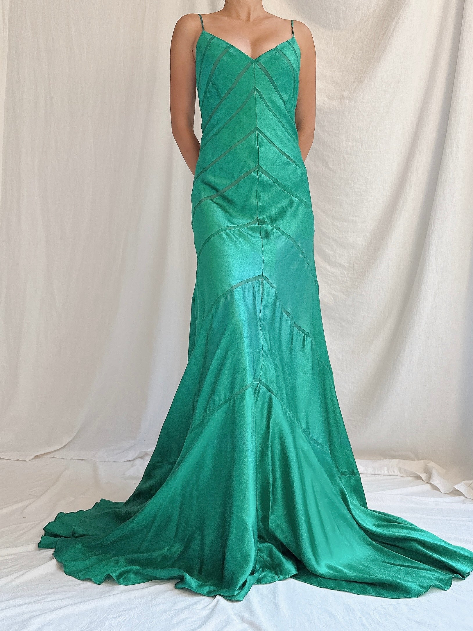 Vintage Emerald Silk Bias Gown - S/M