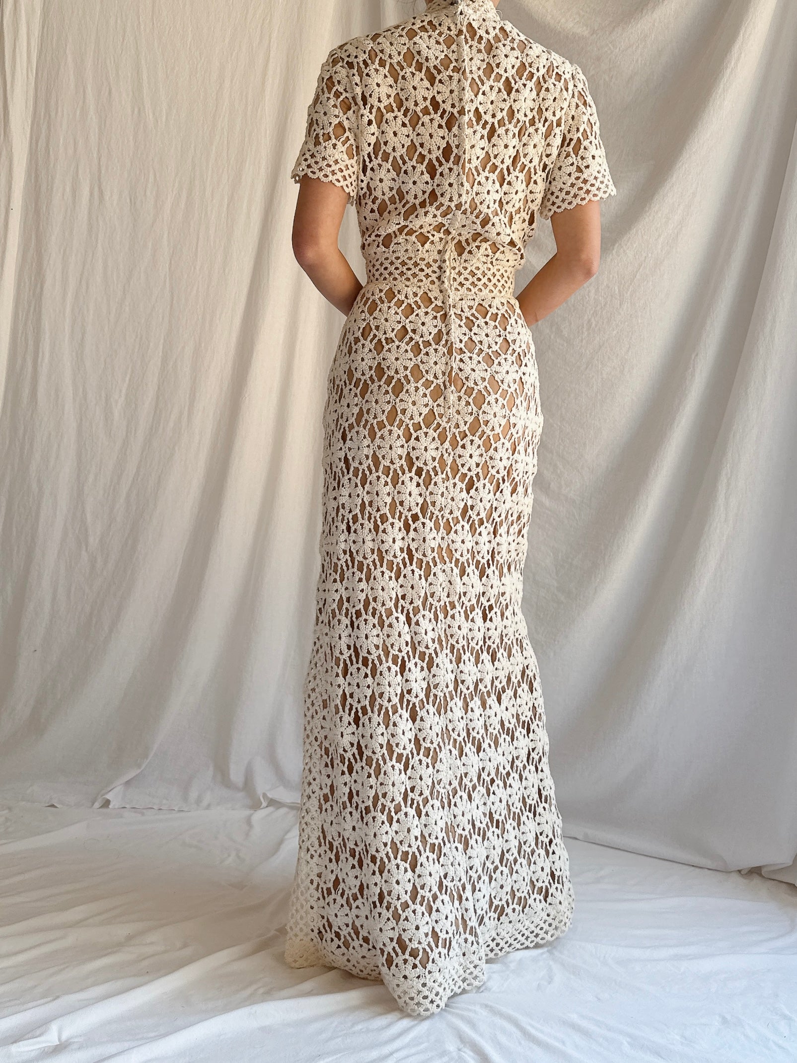 1960s Cotton Crochet Mock Neck Gown - XS/4