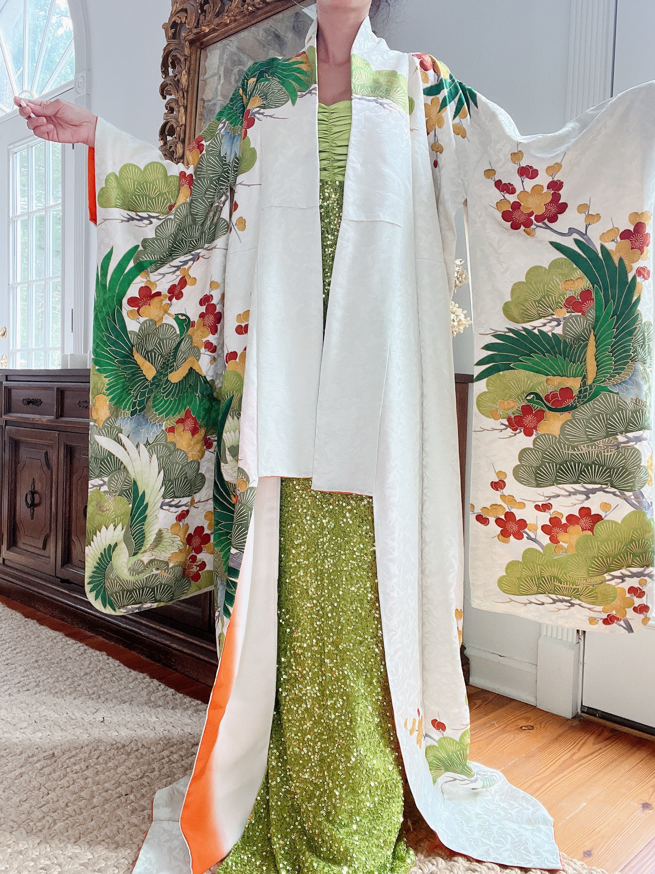 Vintage Green and Ivory Silk Kimono - OSFA