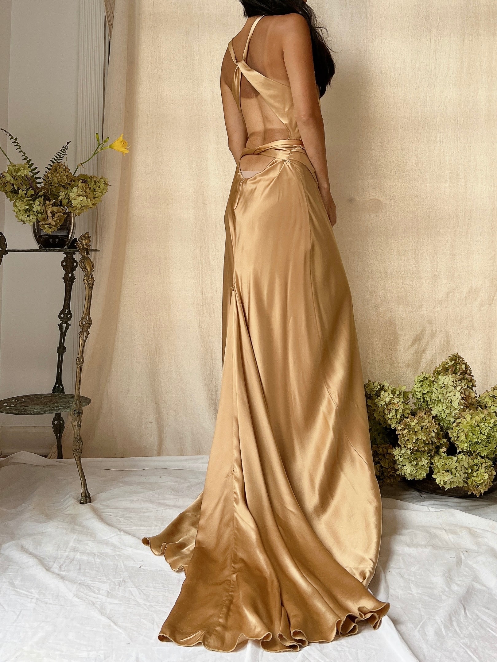 silk gold dress Vintage Gold Silk Bias Cut Gown - M/8
